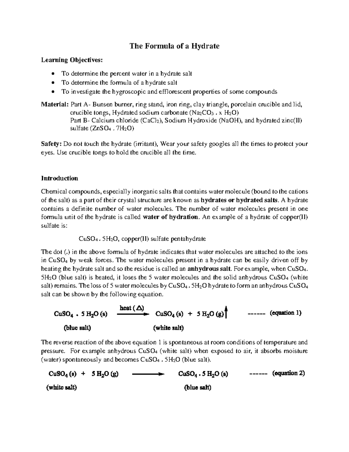 Lab 5 The formula of a Hydrate The Formula of a Hydrate Learning