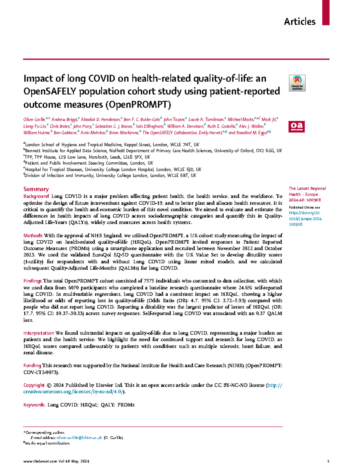Long covid - Impact of long COVID on health-related quality-of-life: an ...
