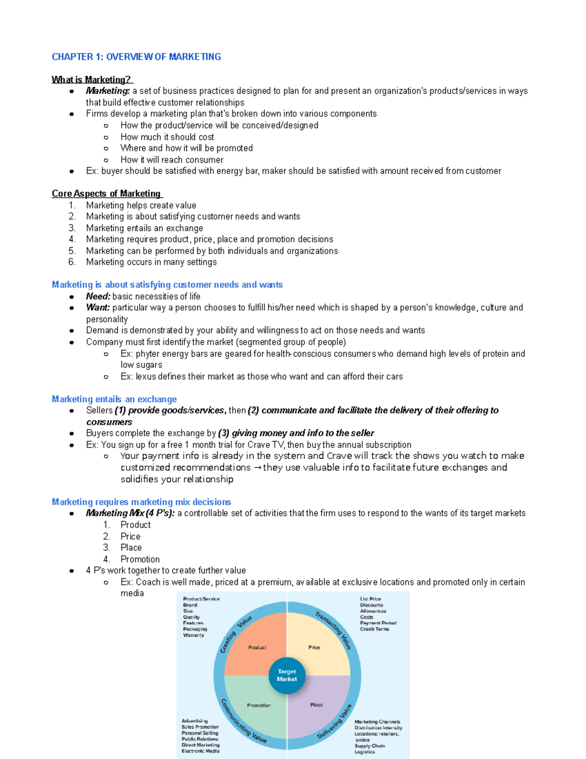 Notes - CHAPTER 1: OVERVIEW OF MARKETING What is Marketing? Marketing ...