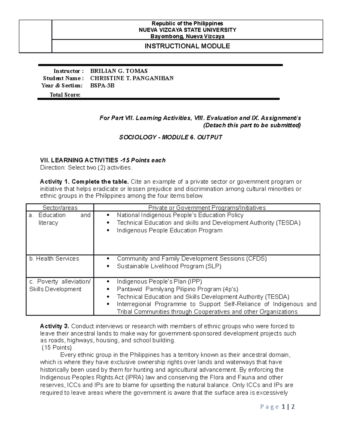 Sociology module 6 - Learning Activities, Assignments and Evaluations ...