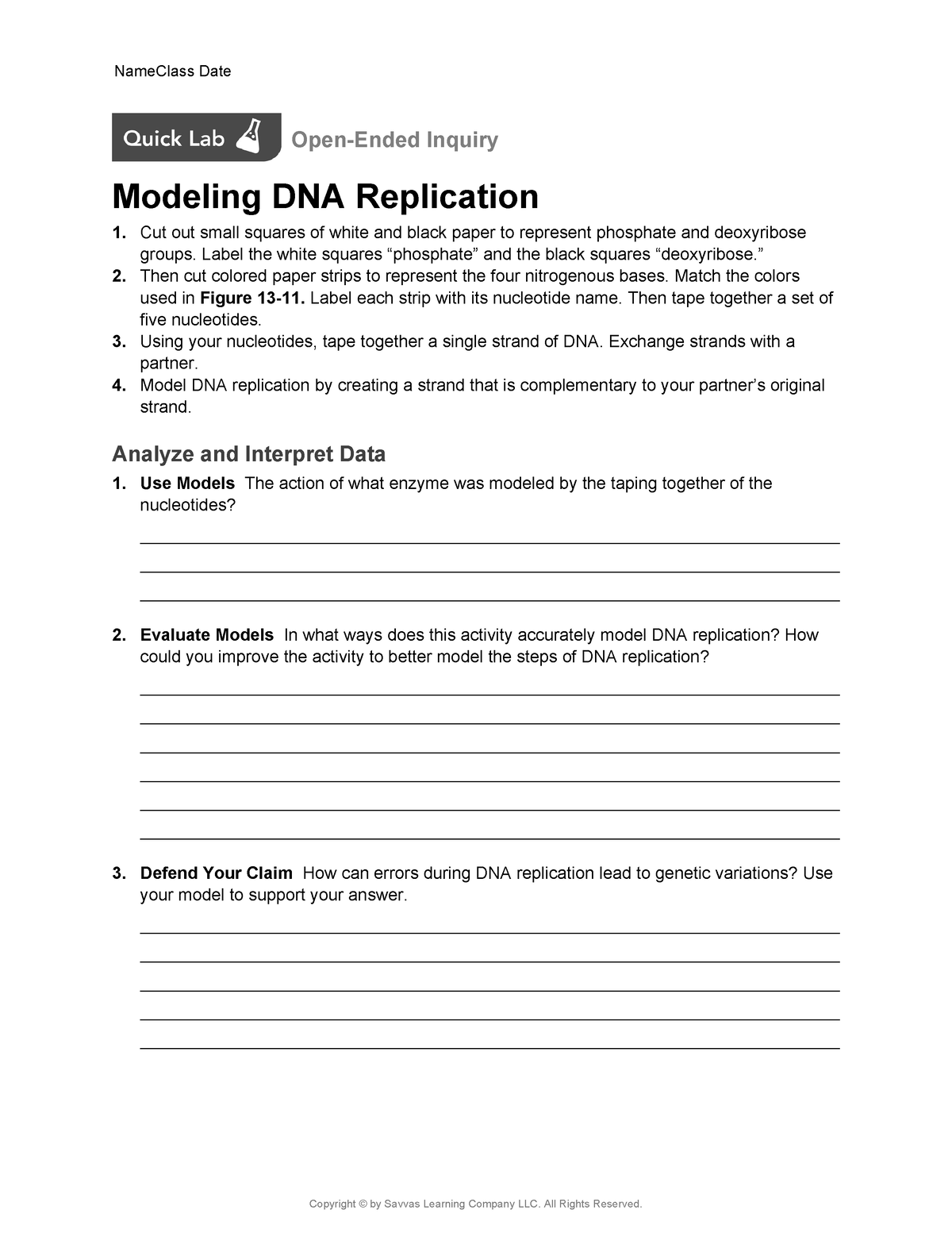 BIO CH13 Quick Lab - N/a - Open-Ended Inquiry Modeling DNA Replication ...