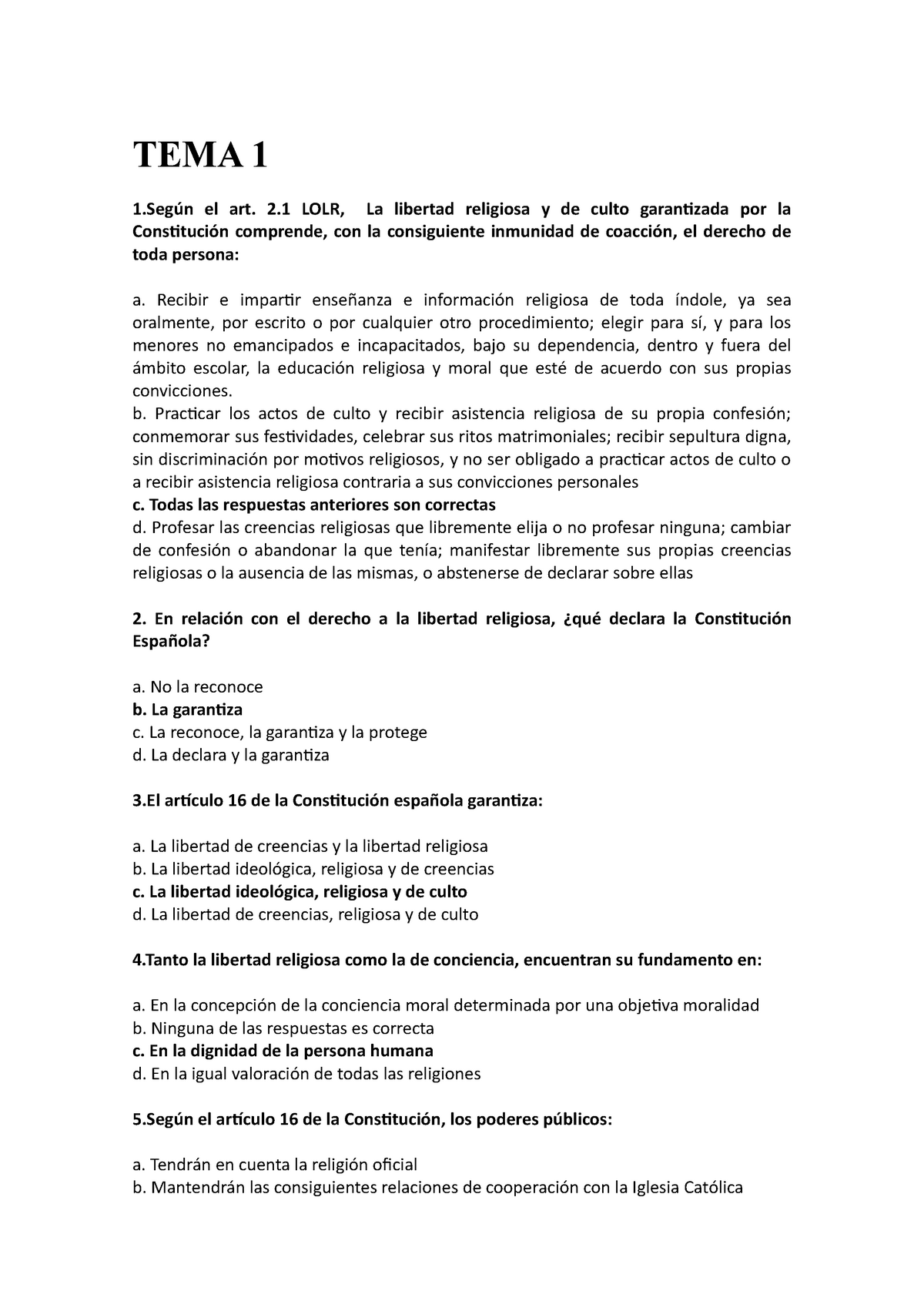 Tests Libertad de conciencia por temas - TEMA 1 1ún el art. 2 LOLR, La ...