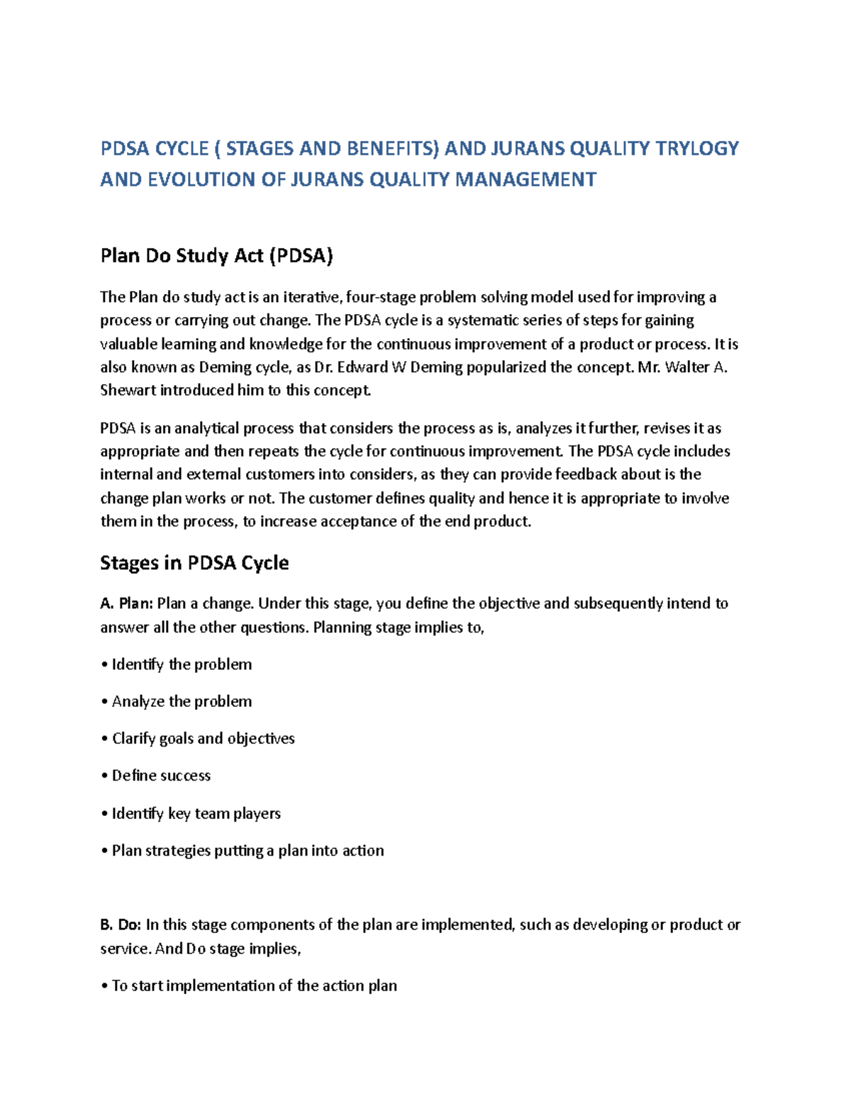 PDSA Cycle ( STWPS Office PDSA CYCLE ( STAGES AND BENEFITS) AND