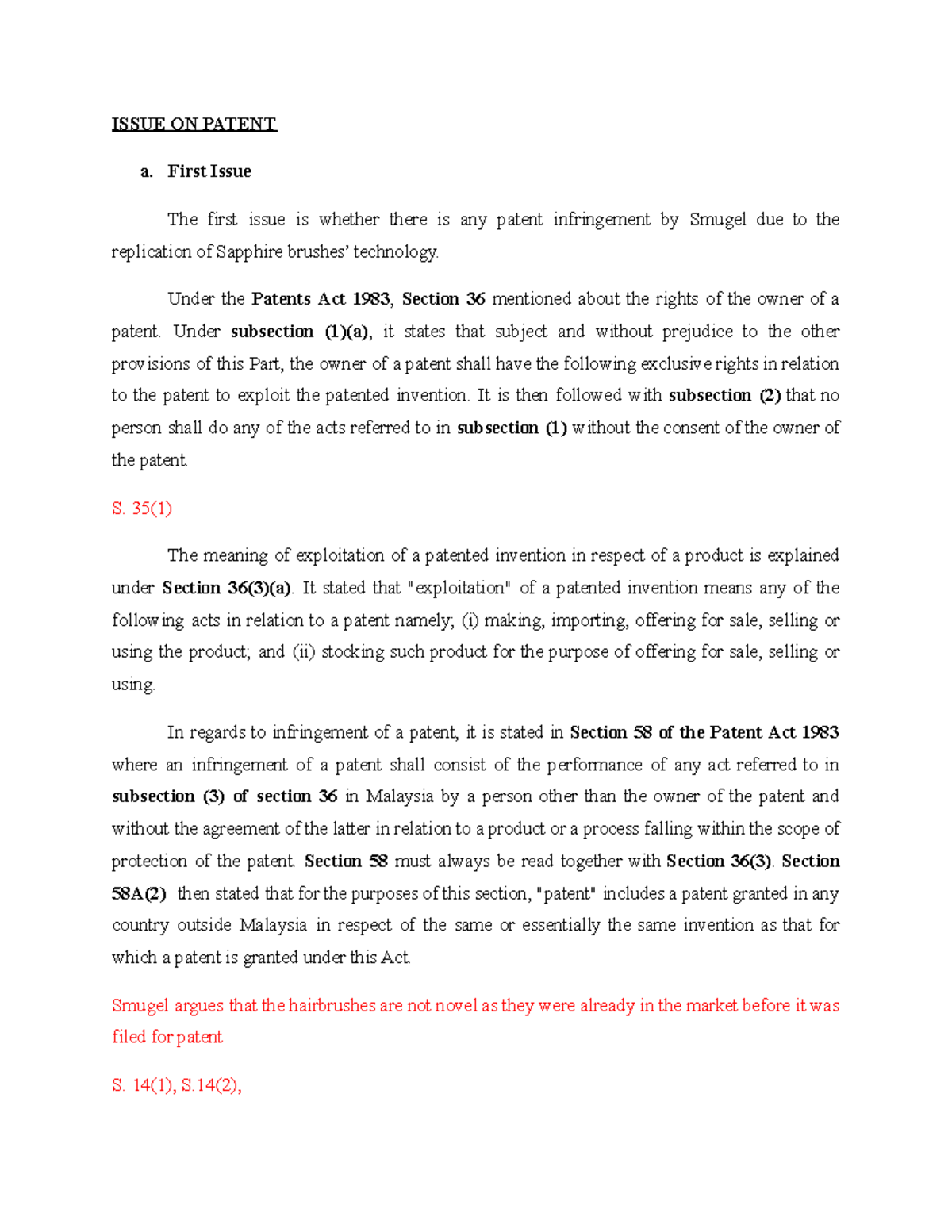 Tutorial Answer FOR Patent AND Trademark - ISSUE ON PATENT a. First ...