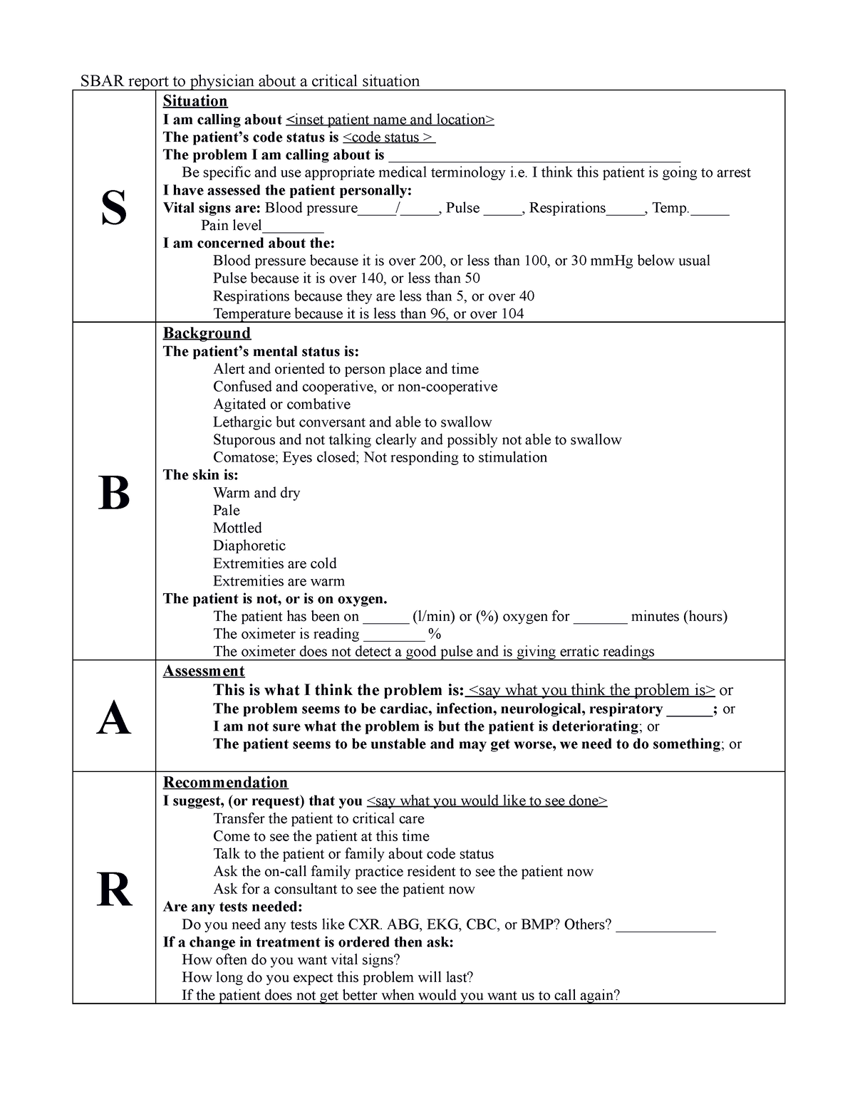 SBAR Report Example - sbar - SBAR report to physician about a critical ...