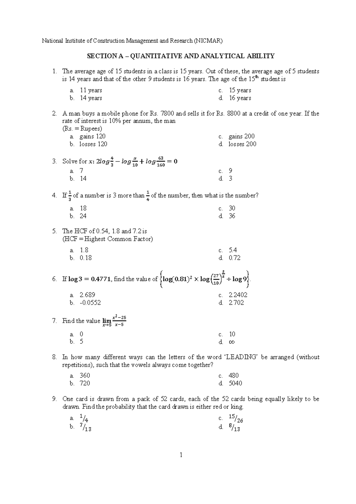 NCAT Sample paper - SECTION A 3 QUANTITATIVE AND ANALYTICAL ABILITY The ...