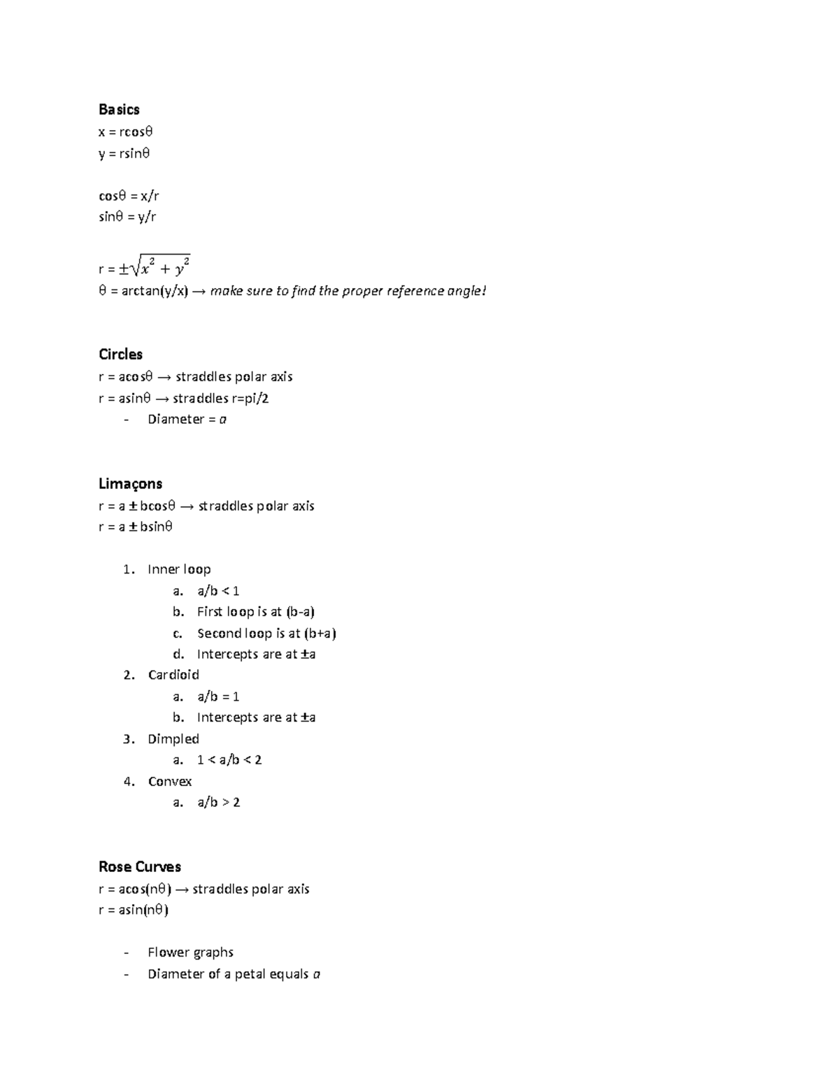 Polar Notes Basics X Rcosθ Y Rsinθ Cosθ X R Sinθ Y R R ± 𝑥 2 𝑦 2 θ Arctan Y X →