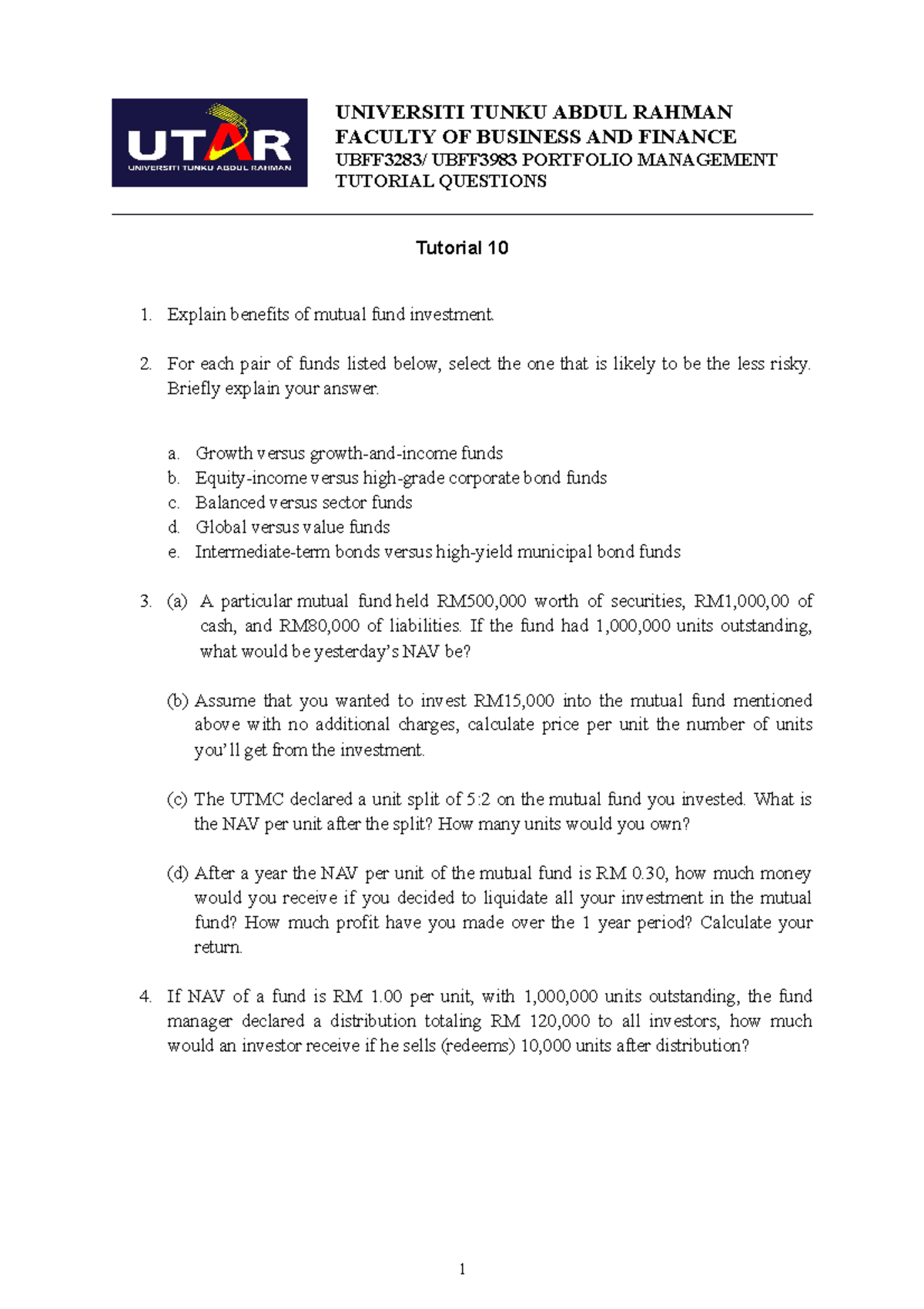 Tutorial 10 Question Revised Universiti Tunku Abdul Rahman Faculty Of Business And Finance Tutorial 10 Question Revised Universiti Tunku Abdul Rahman Faculty Of Business And Finance