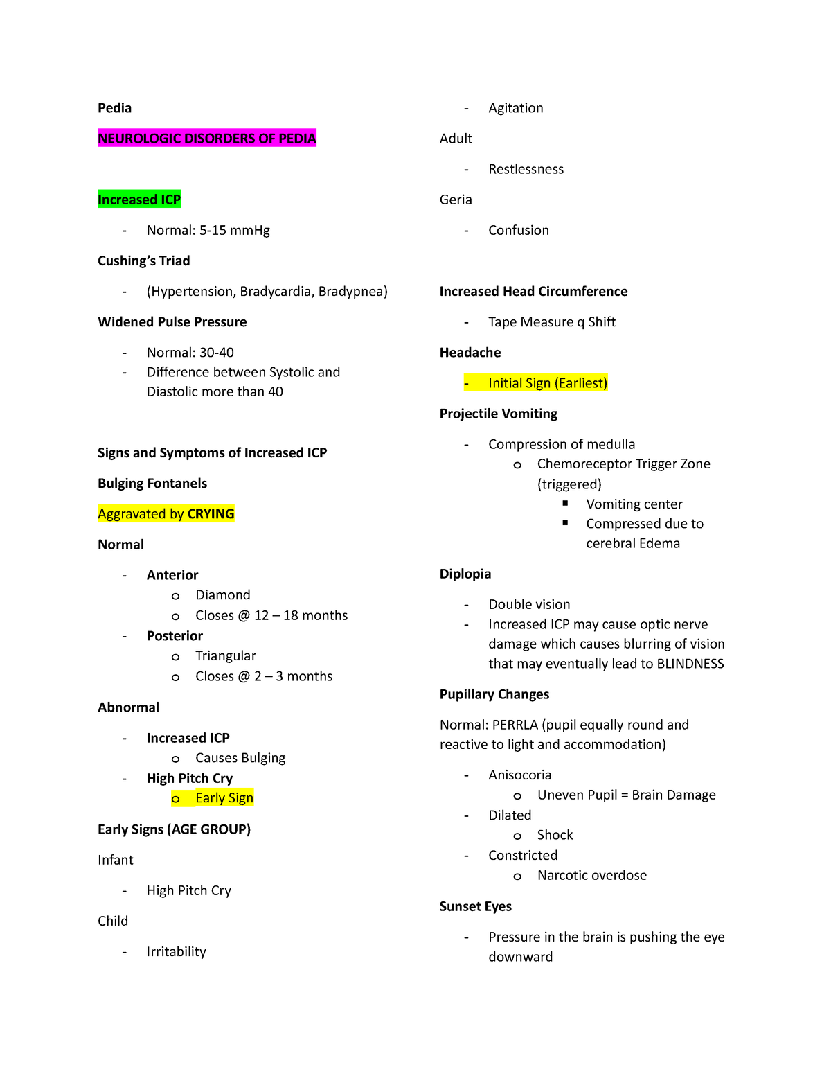 Pedia - Pedia NEUROLOGIC DISORDERS OF PEDIA Increased ICP - Normal: 5 ...