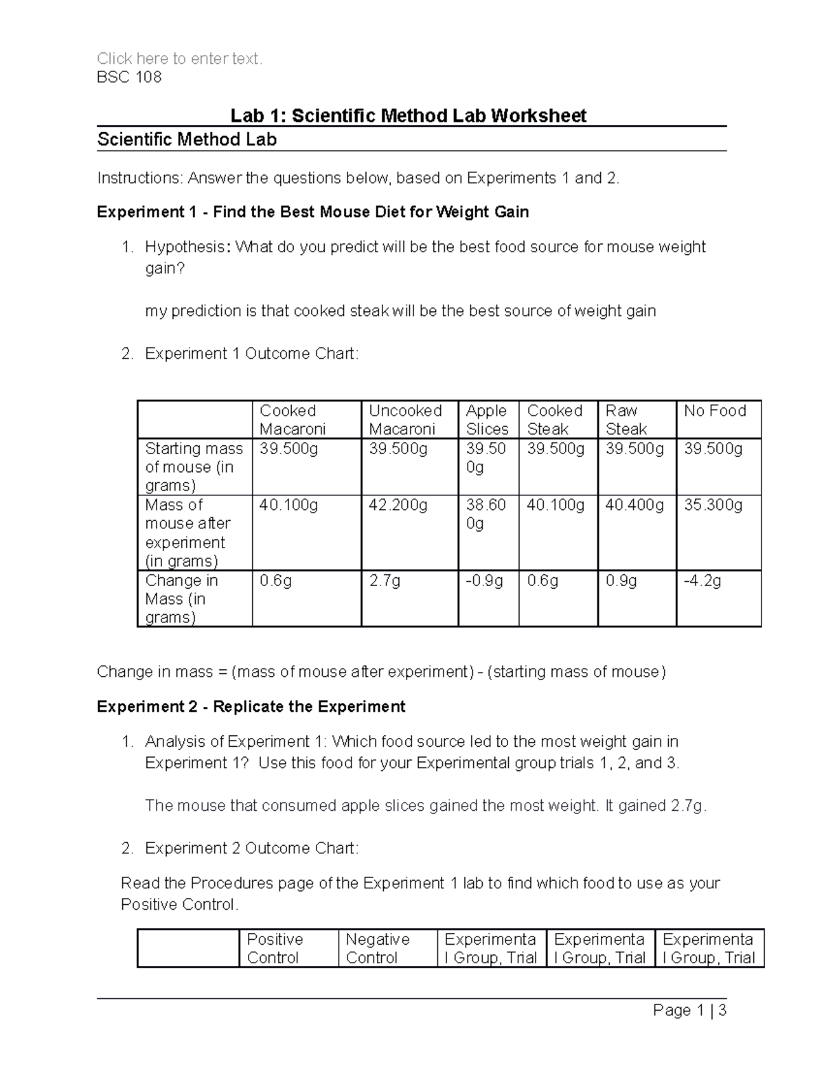 Lab 1 Scientific Method Lab Worksheet - Click here to enter text. BSC ...
