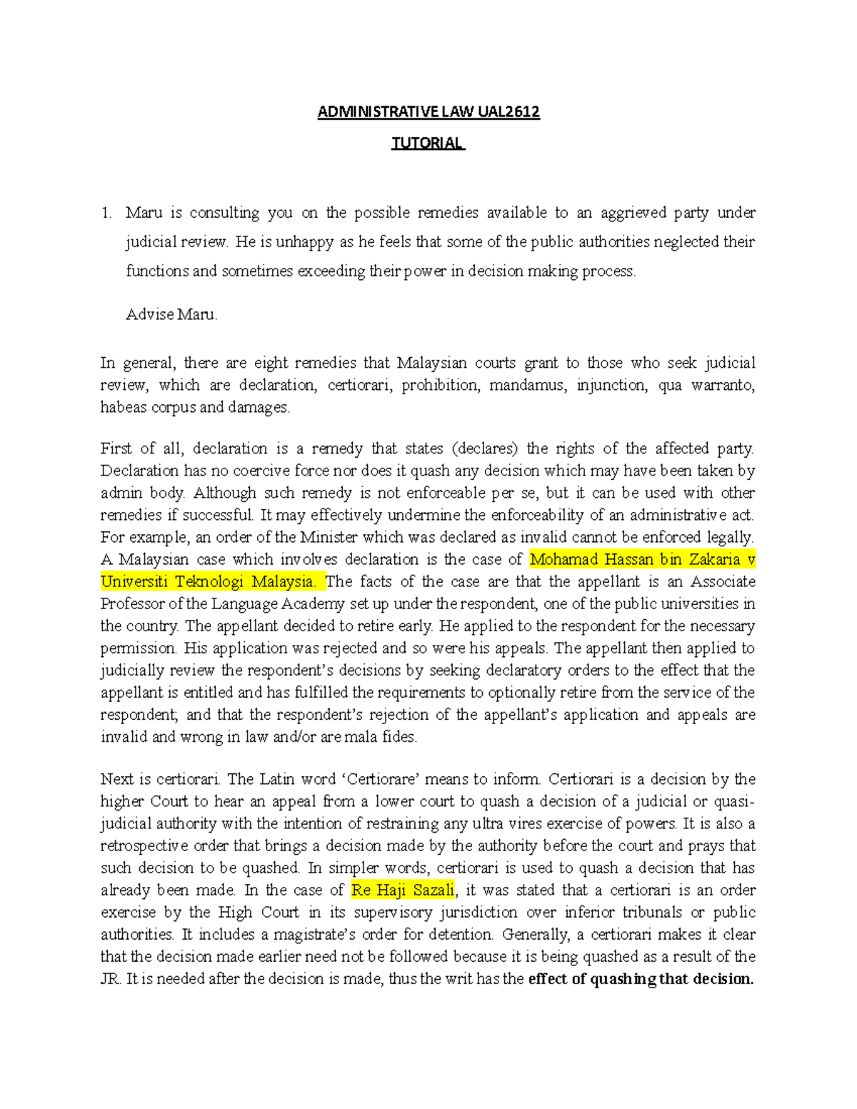 tutorial 6 administrative law Multimedia University - ADMINISTRATIVE ...