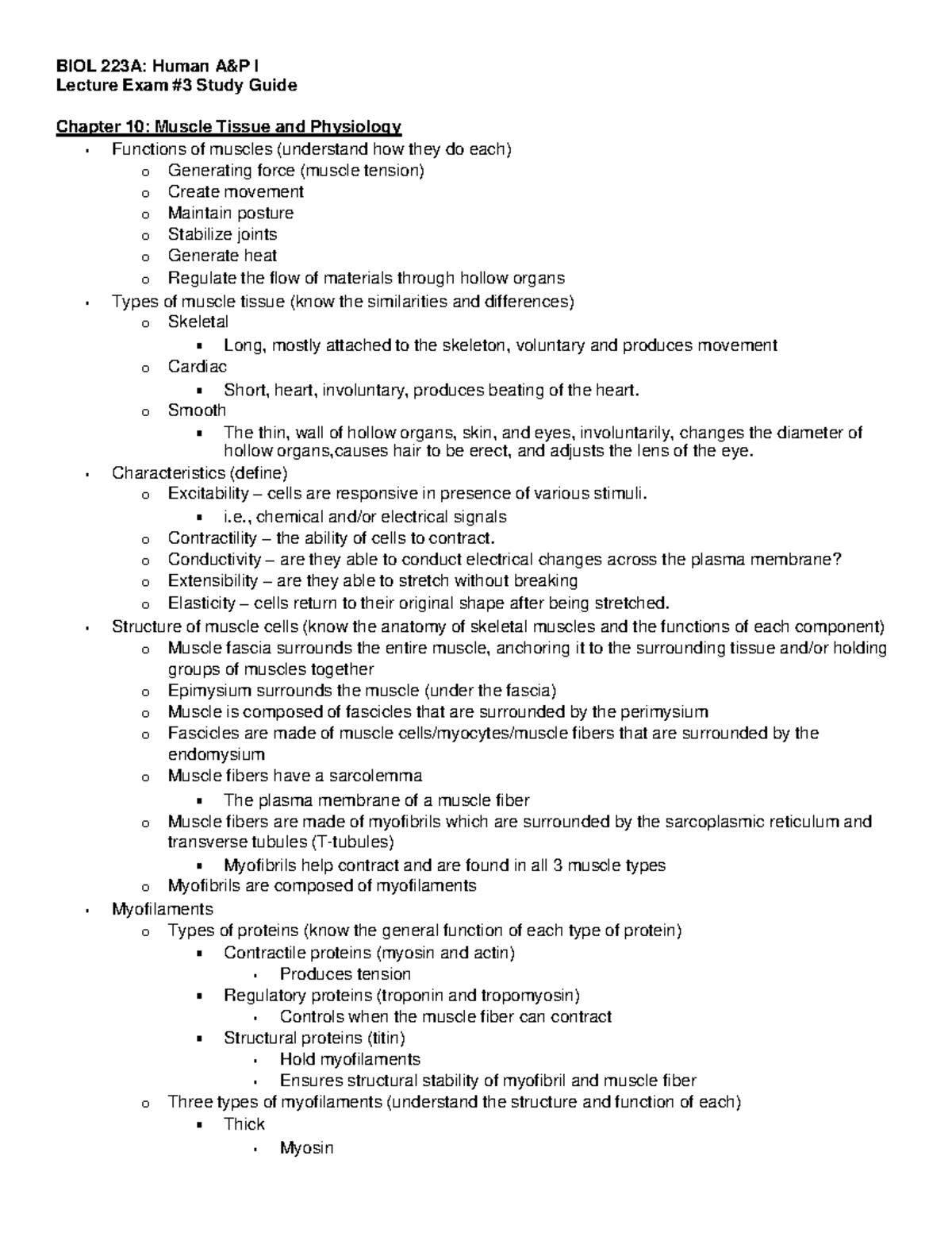 Muscle Tissue And Physiology Biol A Human A P I Lecture Exam Study Guide Chapter