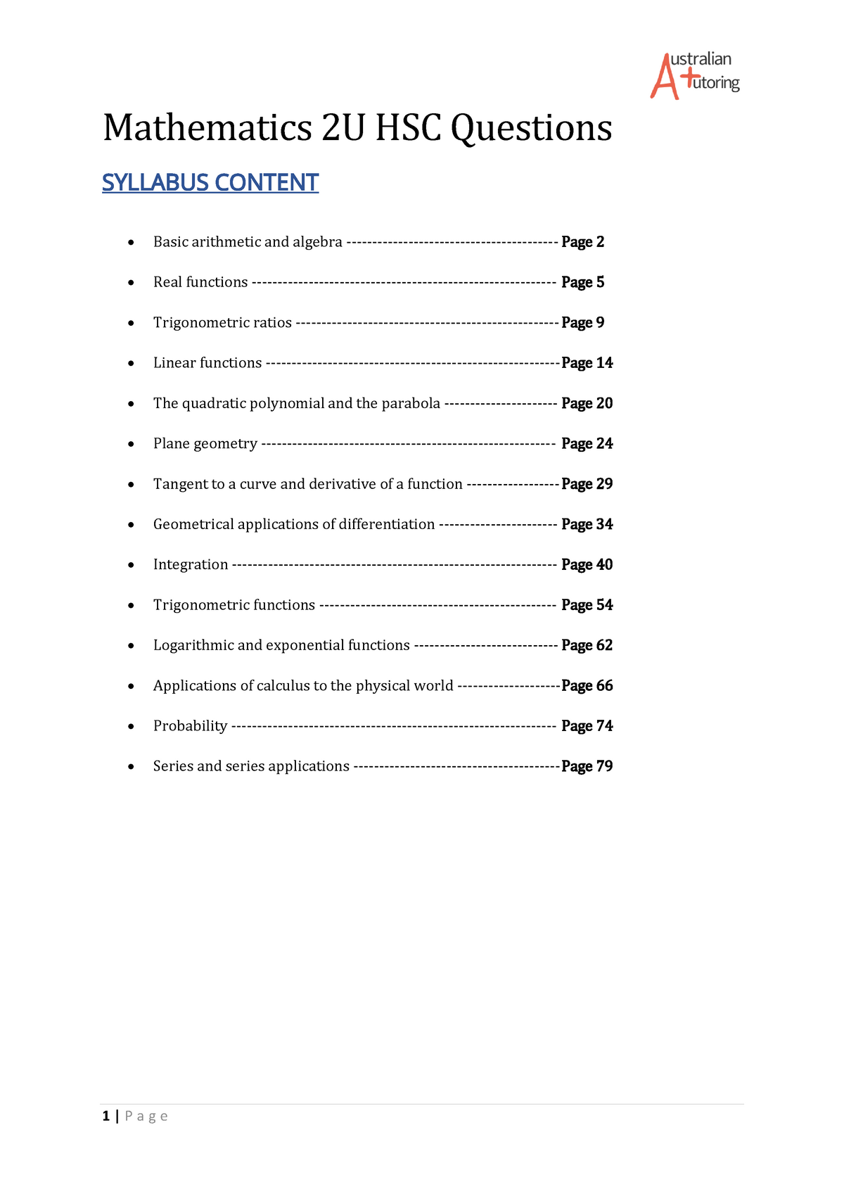 2 UNit HSC questions by topic - Mathematics 2U HSC Questions • Basic ...