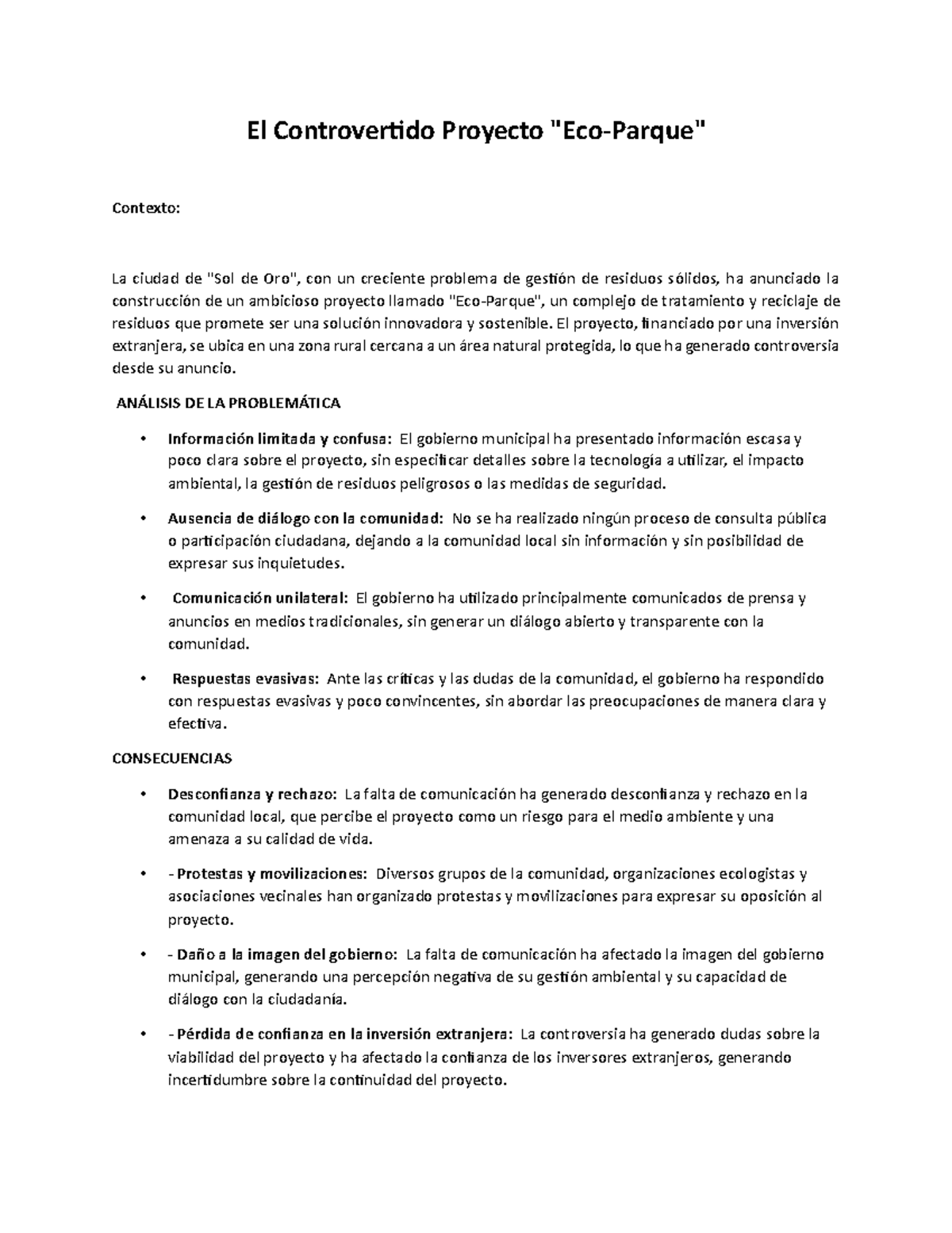 Caso El Controvertido Proyecto Eco-Parque” - El Controvertido Proyecto ...