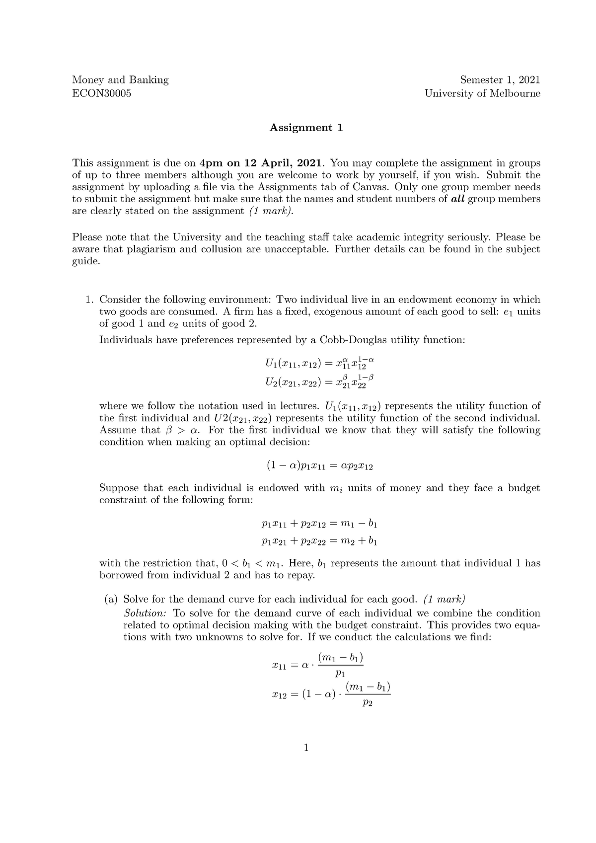 Assignment 1 Money and Banking 30005 solution Money and Banking ECON