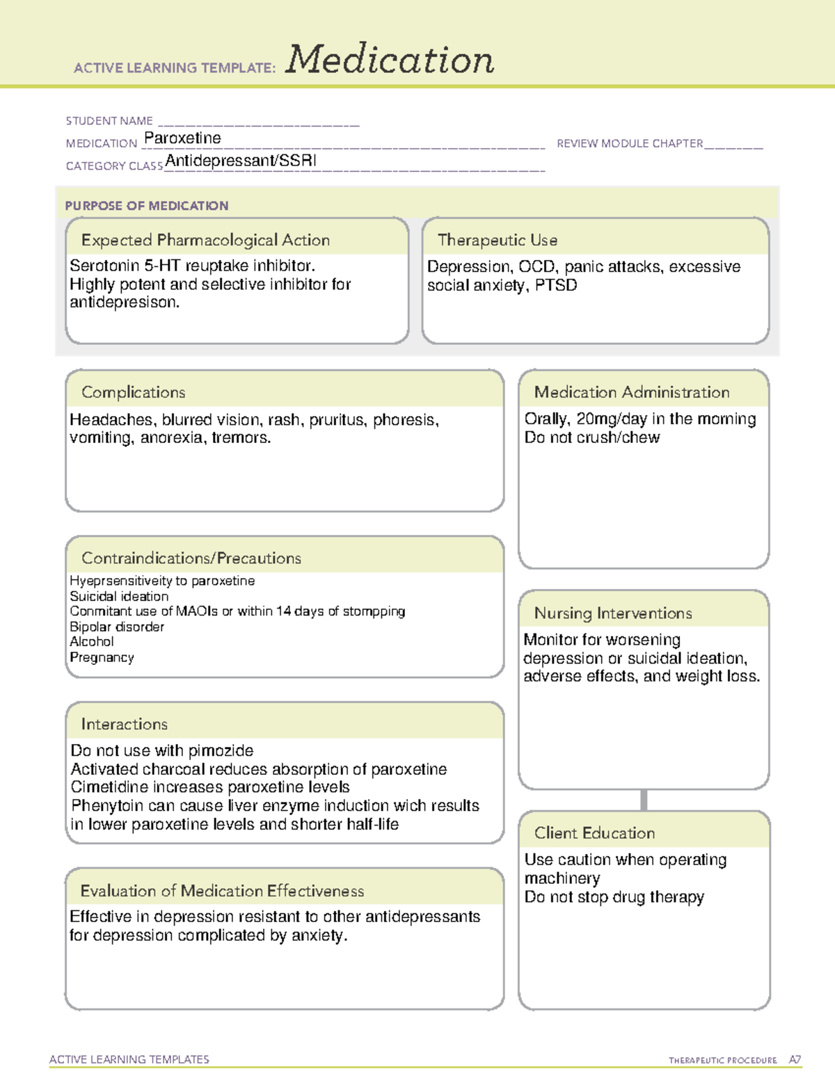 Active Learning Template Paroxetine - ACTIVE LEARNING TEMPLATES ...