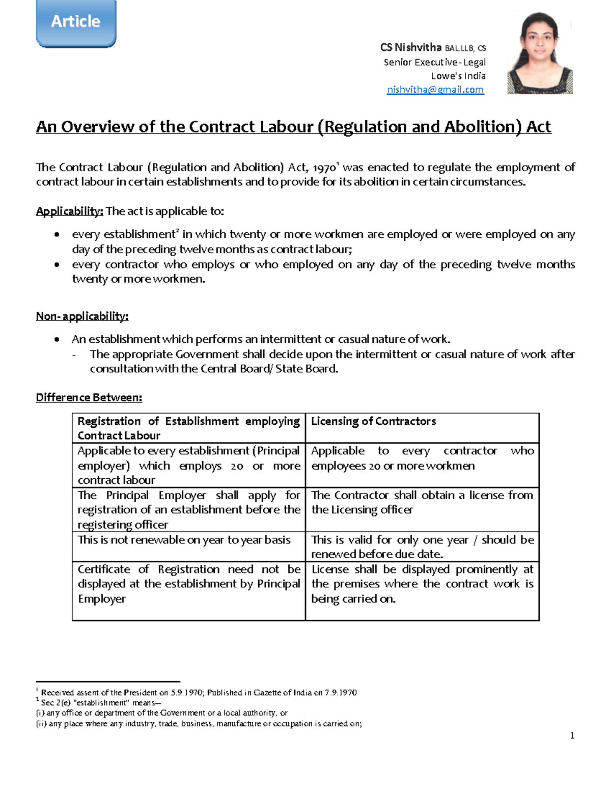 Article on CLRA with comments 1 An Overview of the Contract Labour