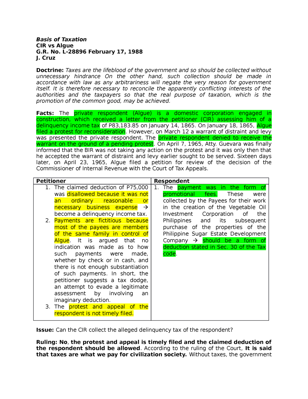 2. CIR Vs. Algue - Case Digest - Basis Of Taxation CIR Vs Algue G. No ...