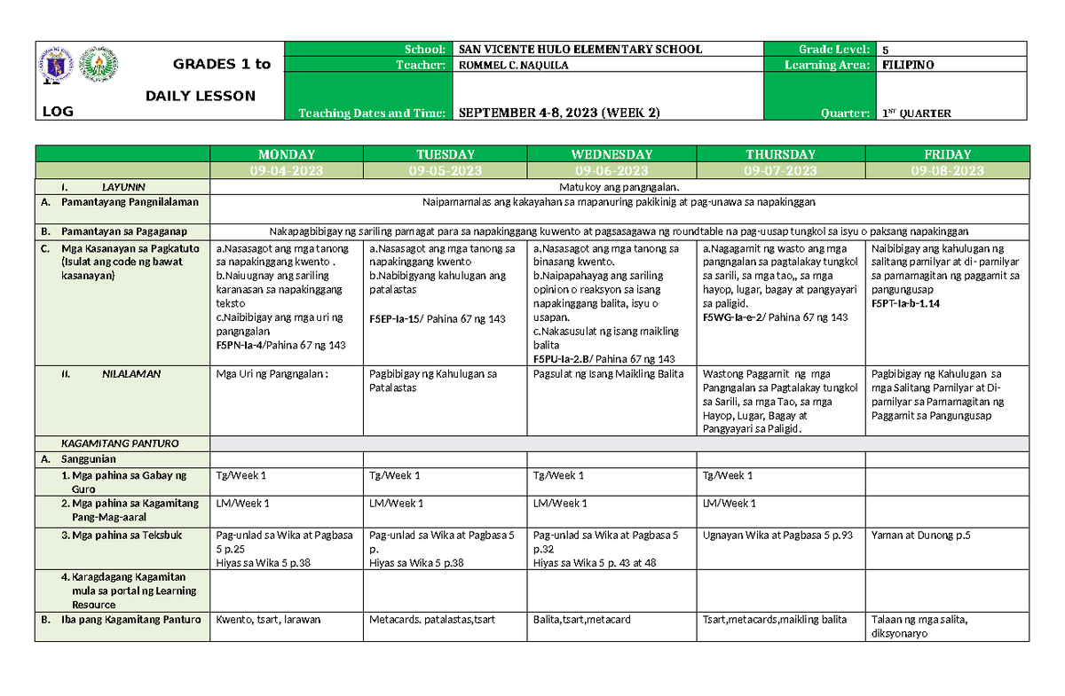DLL Filipino 5 Q1 W2 - DLL - GRADES 1 to 12 DAILY LESSON LOG School ...
