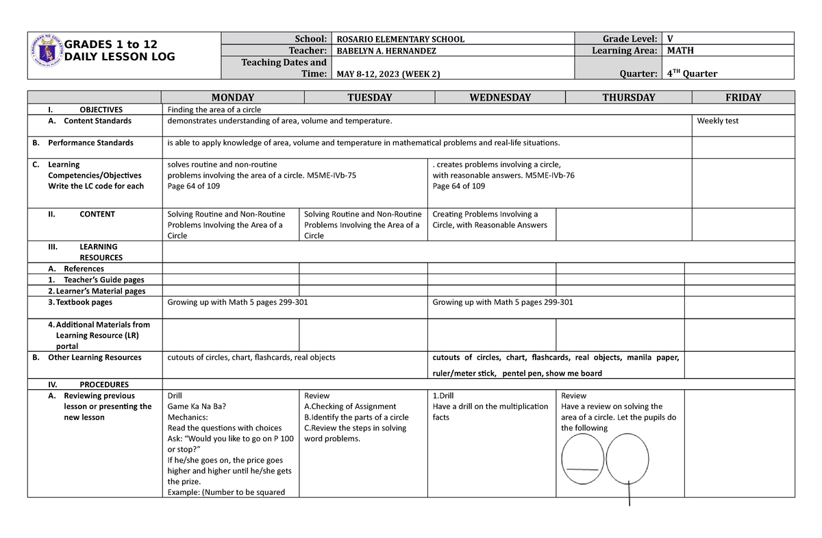 Grade 5 DLL MATH 5 Q4 Week 2 - GRADES 1 to 12 DAILY LESSON LOG School ...