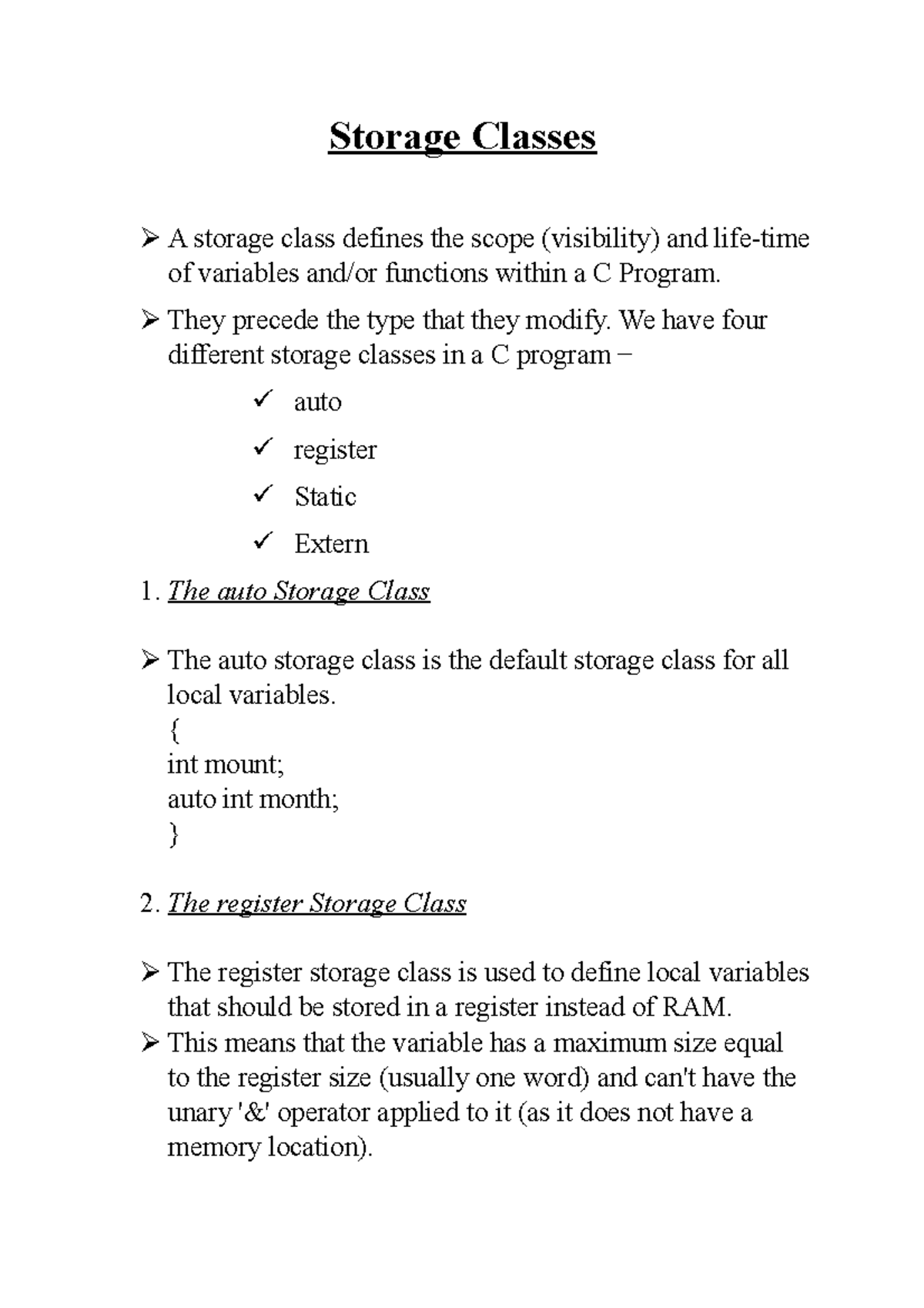 Storage Classes Storage Classes A storage class defines the scope