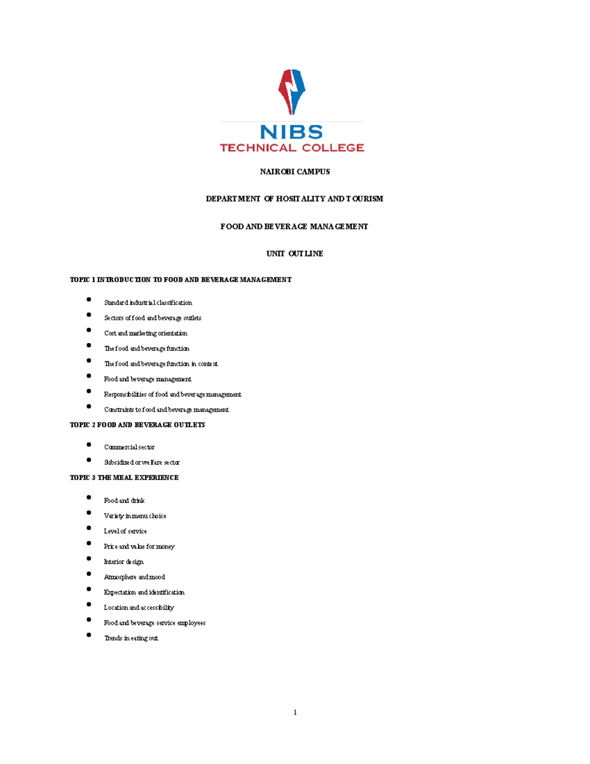 FBM Notes - NAIROBI CAMPUS DEPARTMENT OF HOSITALITY AND TOURISM FOOD ...