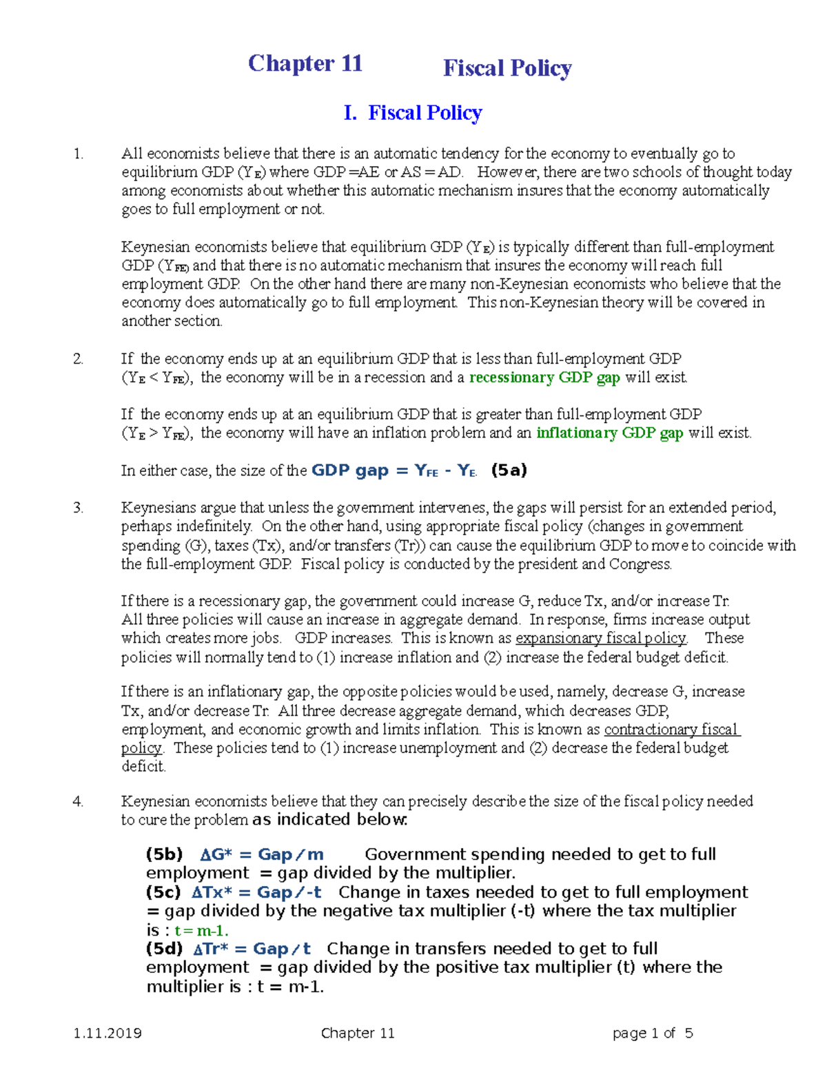 Chapter 11 F19 - Lecture notes 11 - Chapter 11 Fiscal Policy I. Fiscal ...