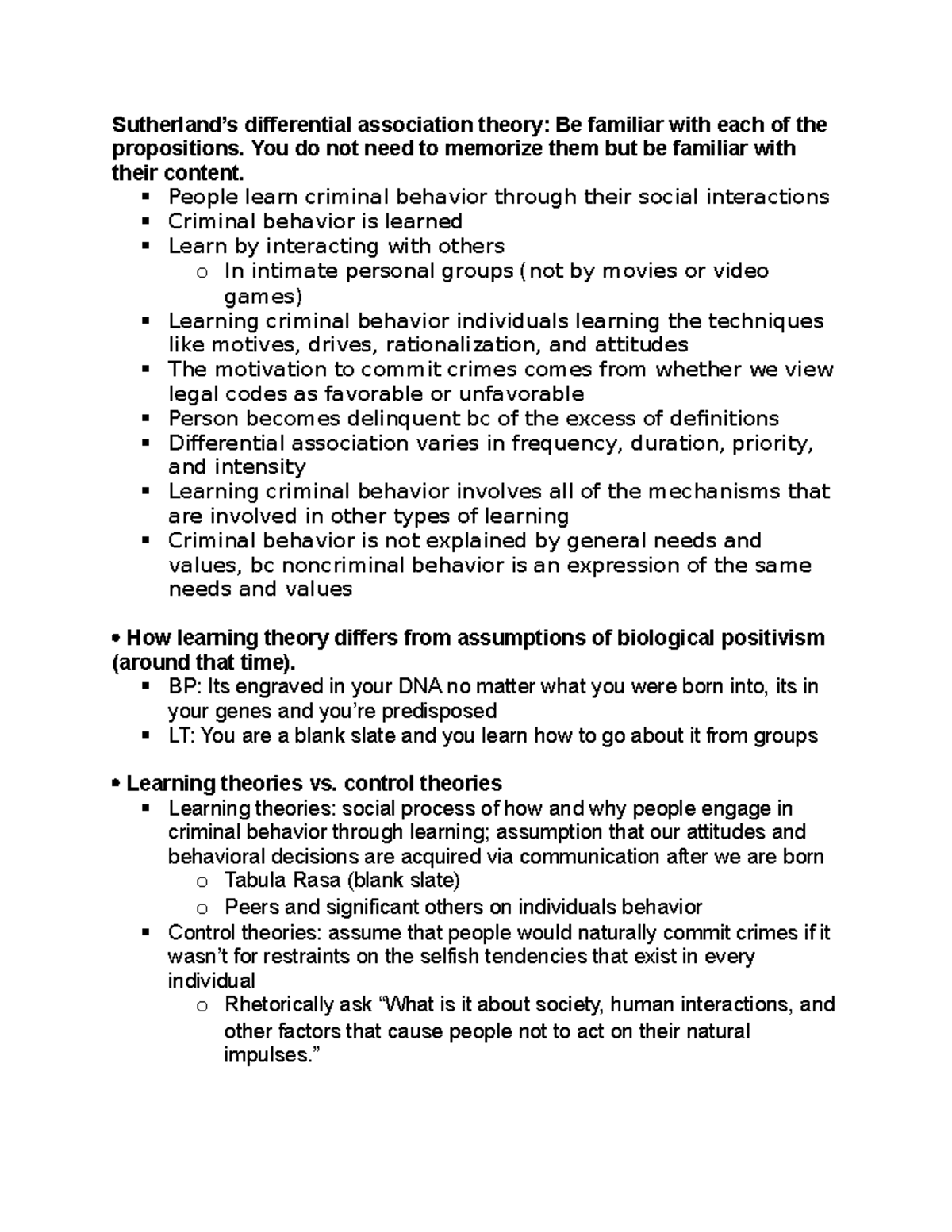 Criminology Final Exam Study Guide Sutherland’s differential