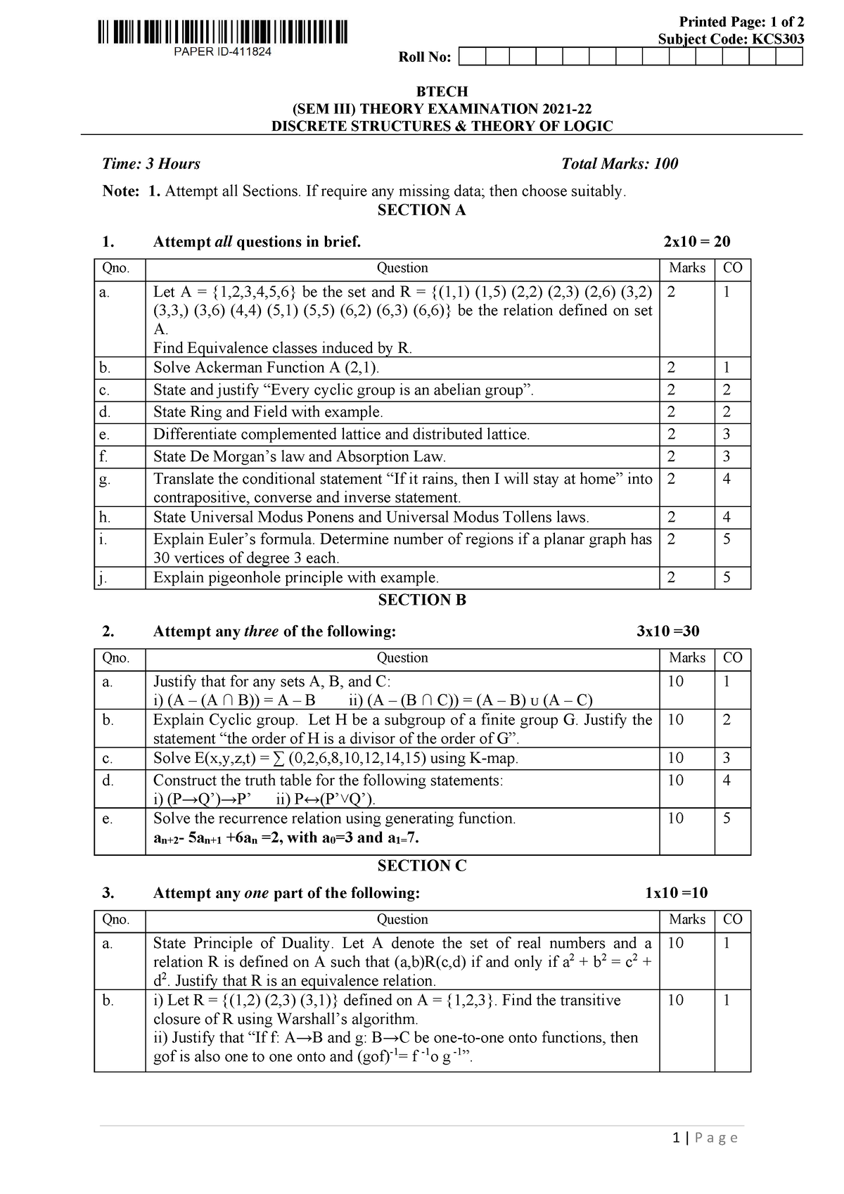 Btech cs 3 sem discrete structures and theory of logic kcs303 2022 ...