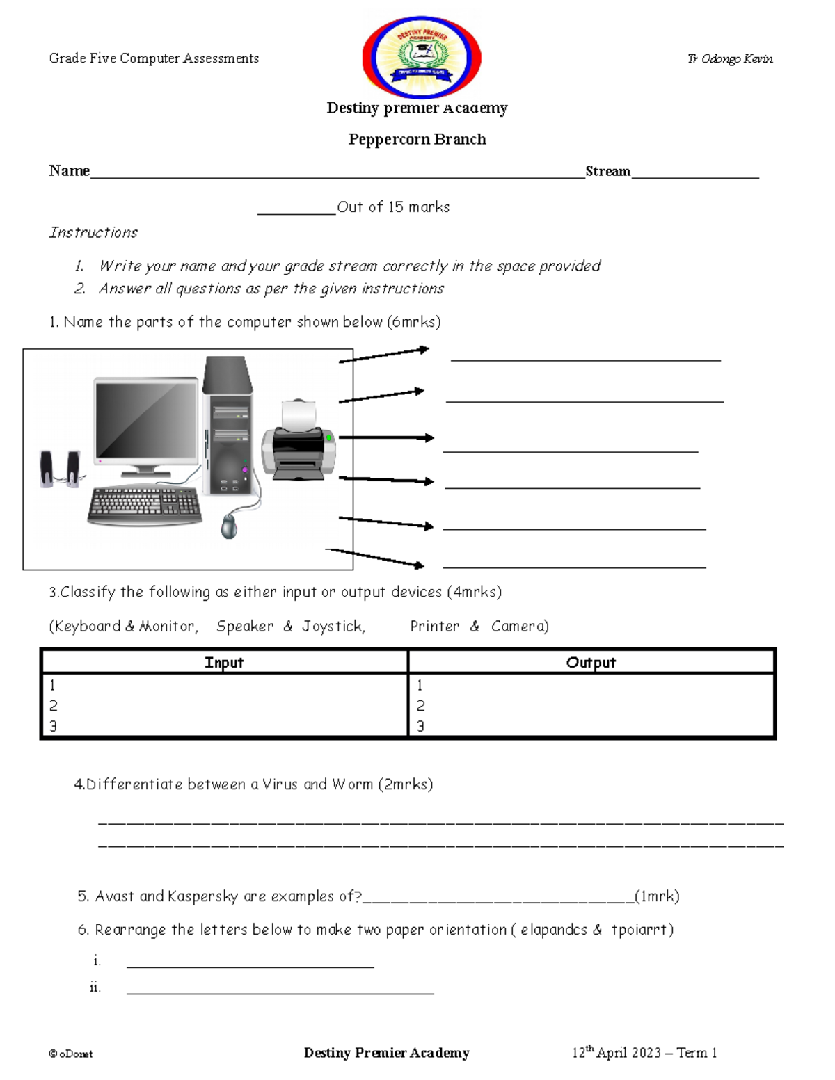 Grade 5M - primary 5 - Grade Five Computer Assessments Tr Odongo Kevin ...