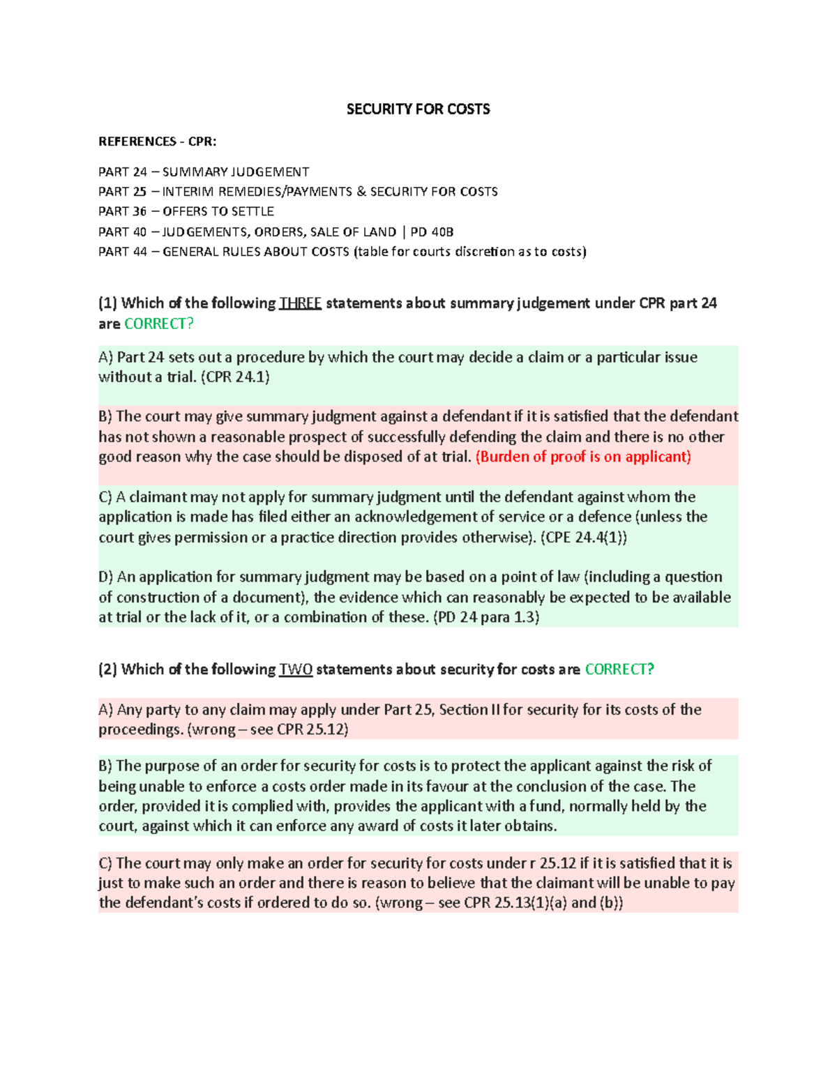 UNIT 6 Security FOR Costs MCQs SECURITY FOR COSTS REFERENCES