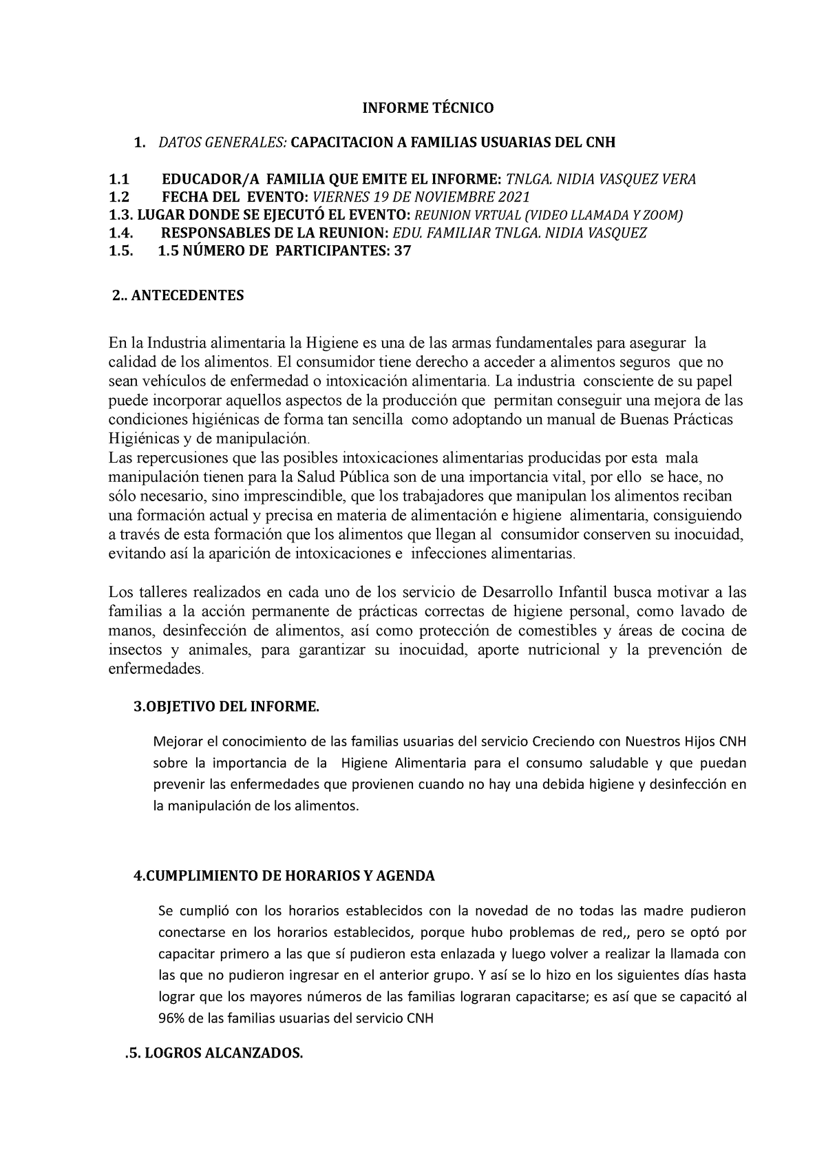 Informe Técnico Higiene Alimentaria - INFORME TÉCNICO 1. DATOS ...