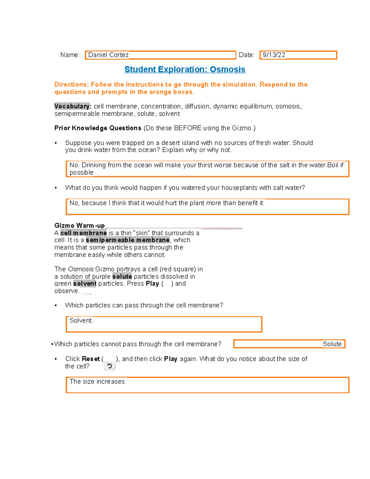 Osmosis SE Name Daniel Cortez Date 9/13/ Student Exploration