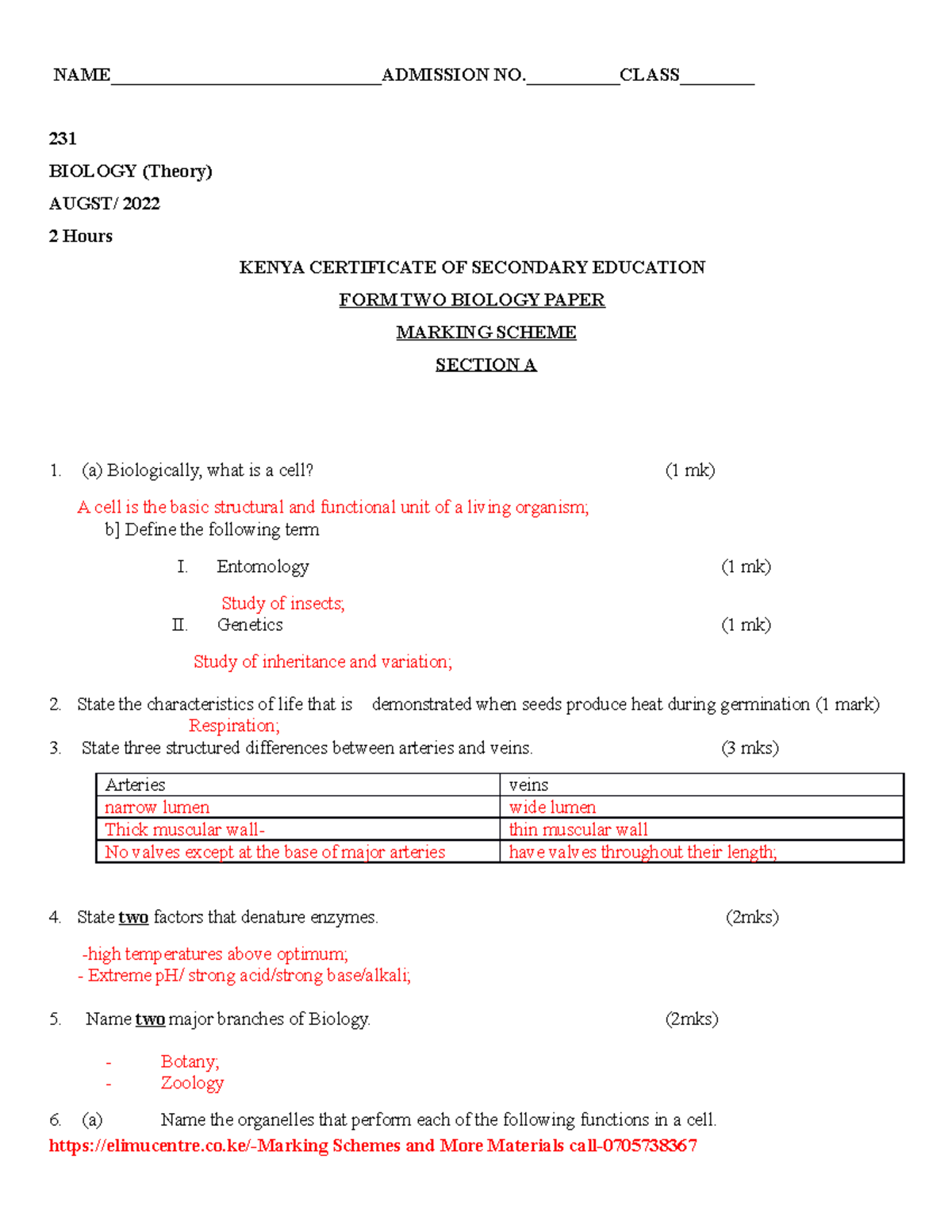 Biology FORM 2 Marking Scheme - NAME ...