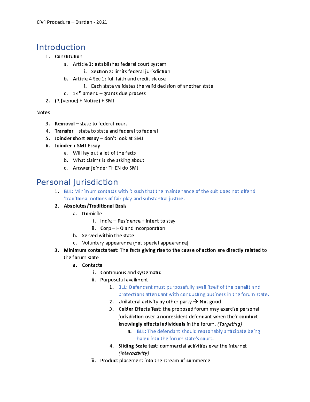 Civil Procedure Outline - Introduction Constitution a. Article 3 ...