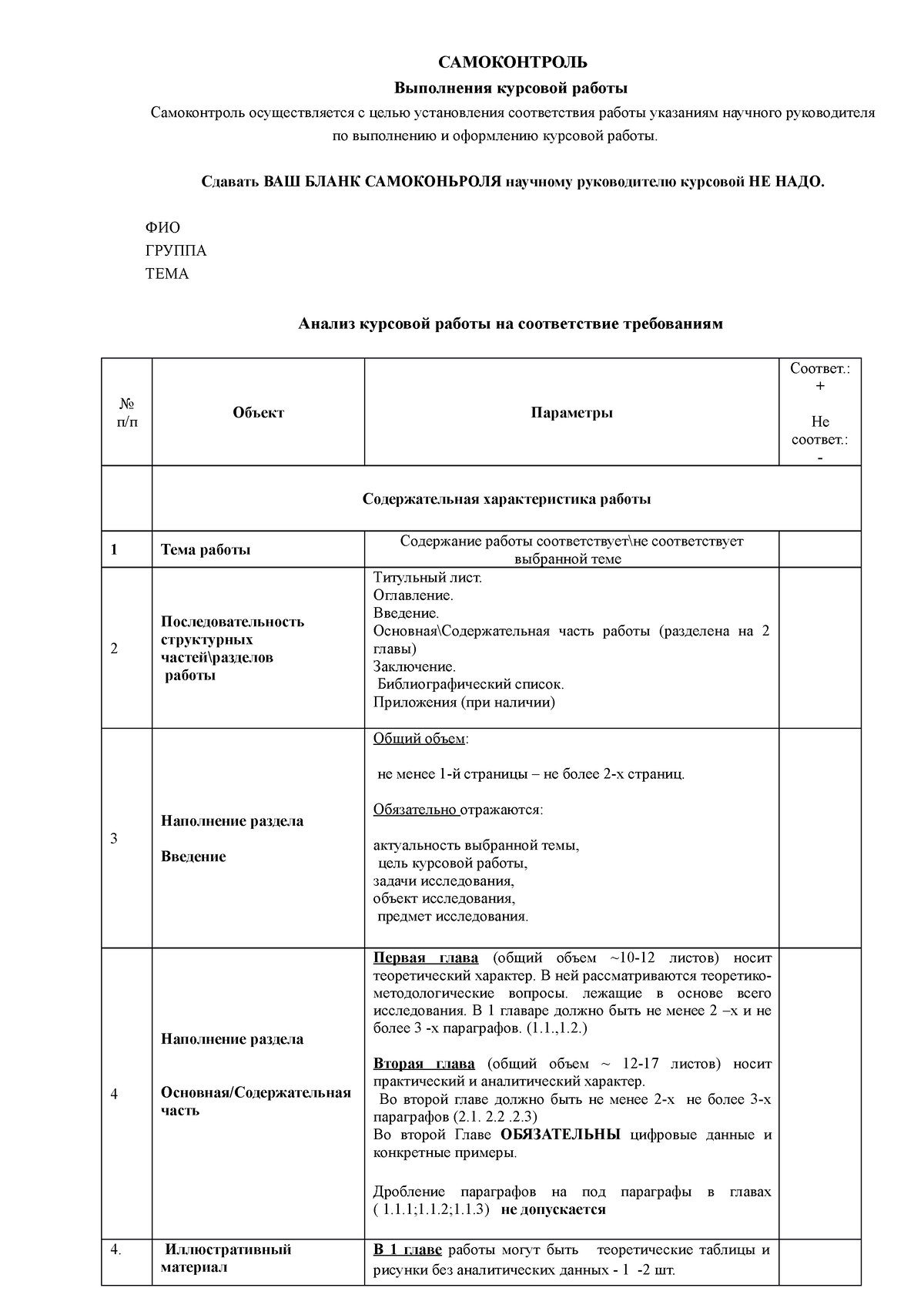 Бланк самоконтроля по выпонению курсовой работы Э - САМОКОНТРОЛЬ Выполнения  курсовой работы - Studocu