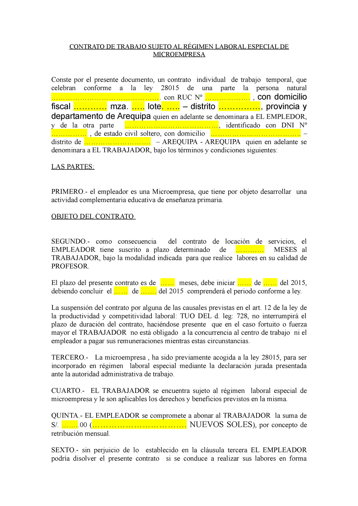 Modelo Contrato DE Trabajo Sujeto AL RÉ. LAb. ESP. DE Microempresa -  CONTRATO DE TRABAJO SUJETO AL - Studocu