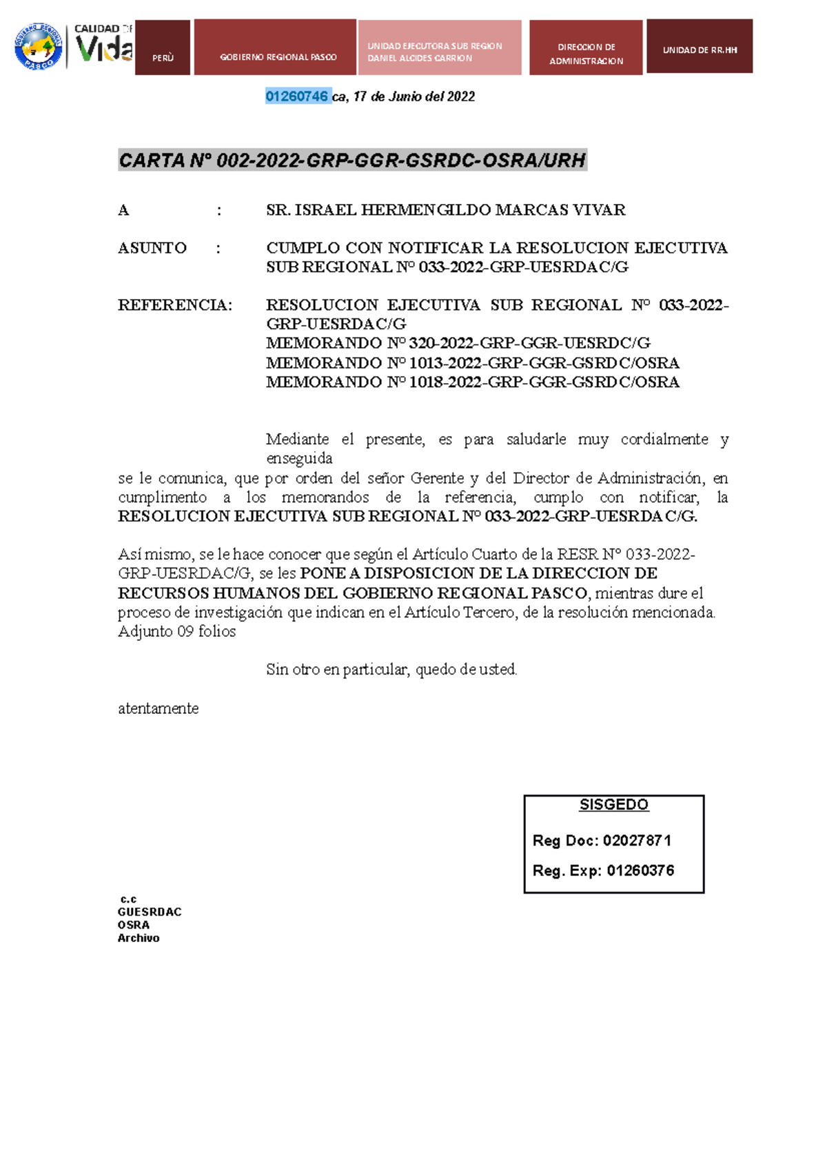 Cartas - documentos - 01260746 ca, 17 de Junio del 2022 CARTA N° 002 ...