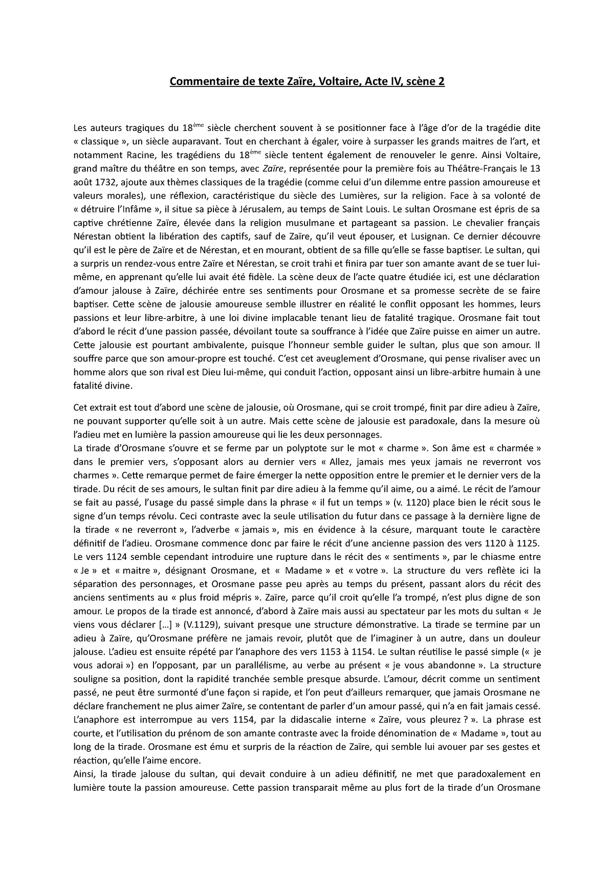Commentaire Zaïre Rédaction Commentaire De Texte Zaïre Voltaire Acte Iv Scène 2 Les Auteurs