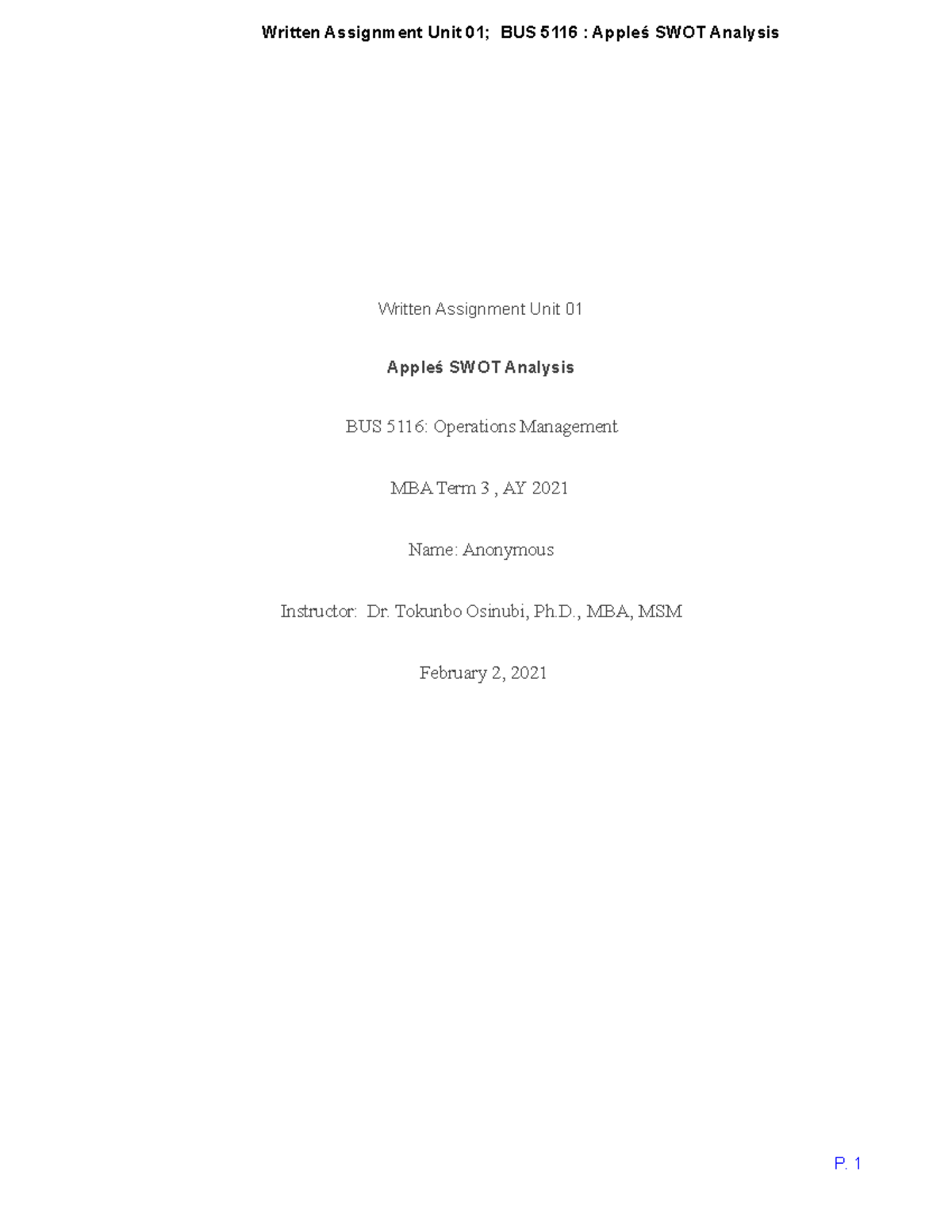 WA 01 bus 5116 - Written Assignment Unit 01 Appleś SWOT Analysis BUS ...