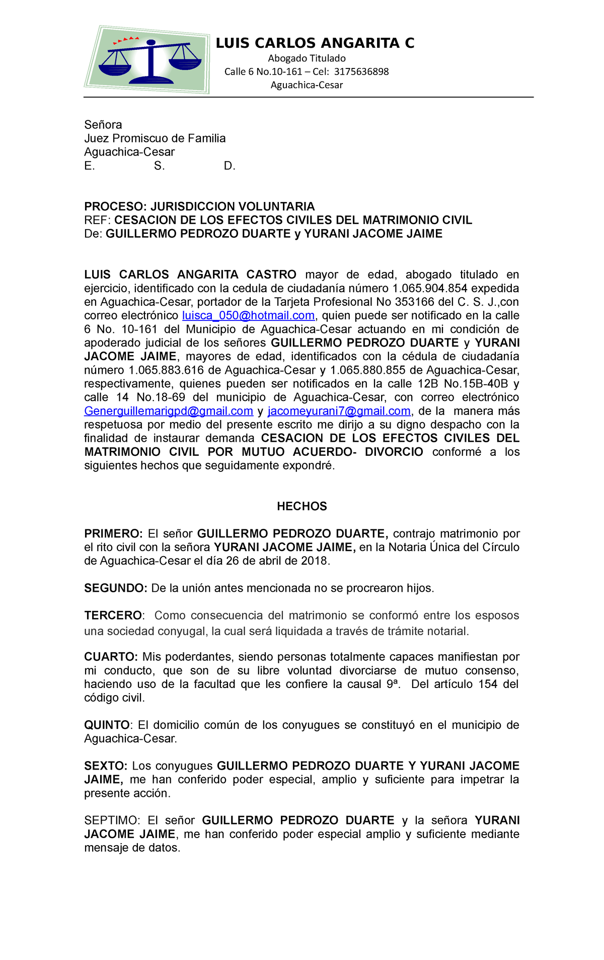 Divorcio De Mutuo Acuerdo Sin Hijos Guillermo Luis Carlos Angarita C