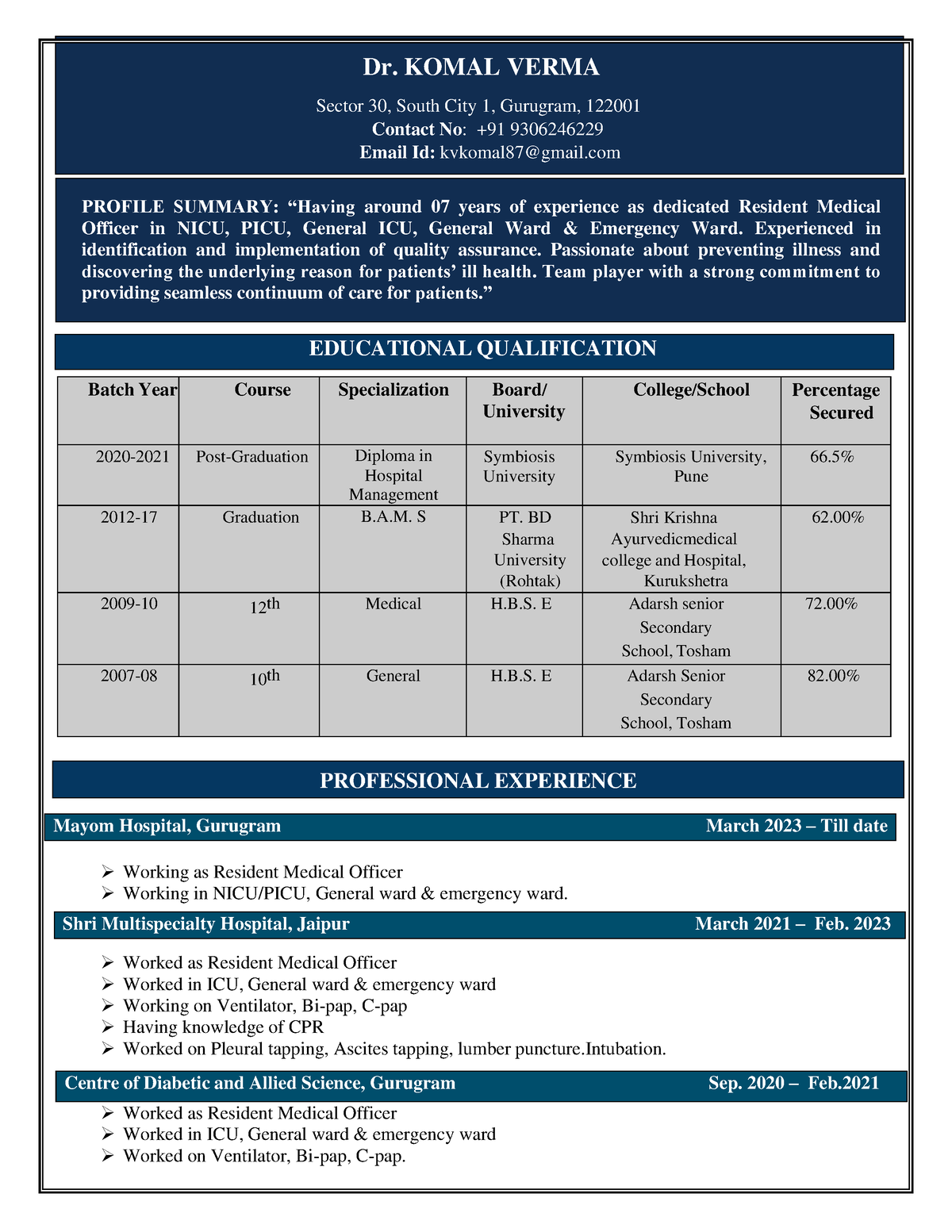 CV komal new - PROFESSIONAL EXPERIENCE Centre of Diabetic and Allied ...