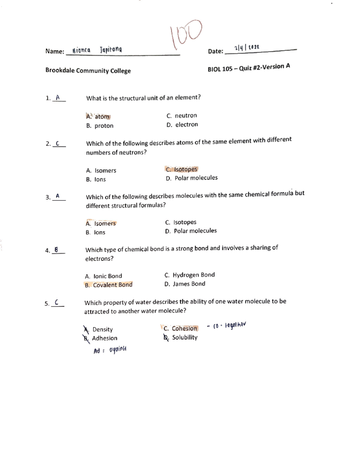 2023-03-16 16-28 - quiz - 100 Name: Bianca Japitana Date: Brookdale ...