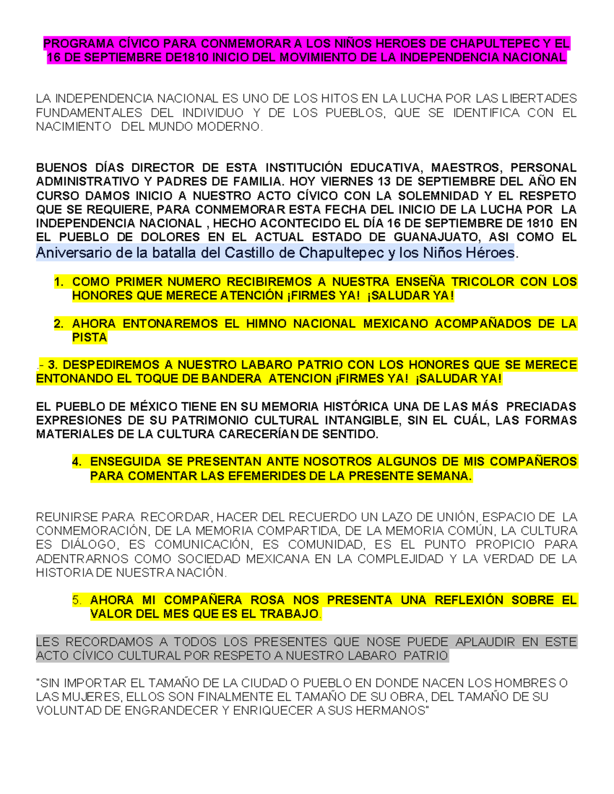 Honores Programa De Septiembre B Programa C Vico Para Conmemorar A Los Ni Os Heroes De