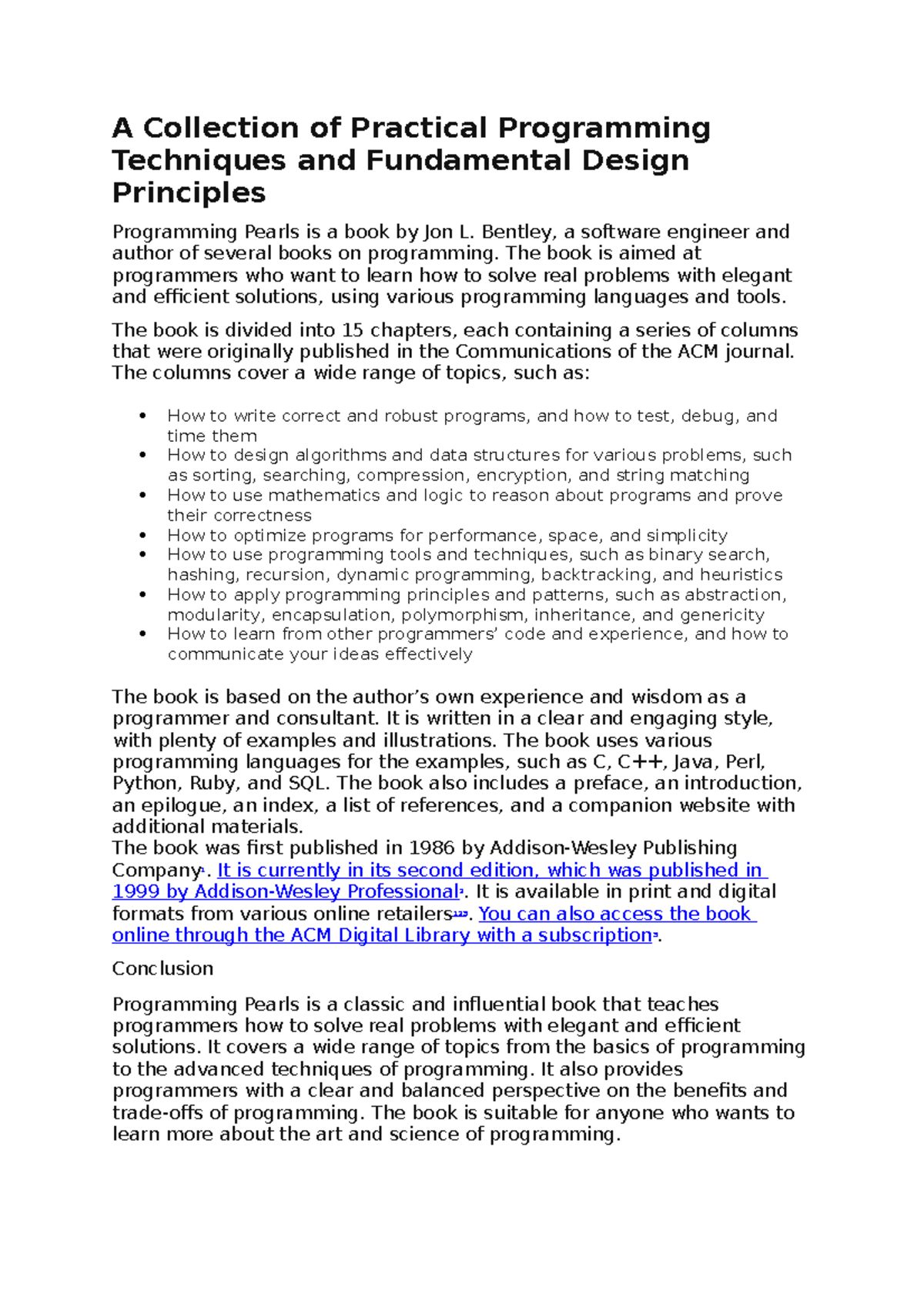 Programming Pearls - A Collection of Practical Programming Techniques ...