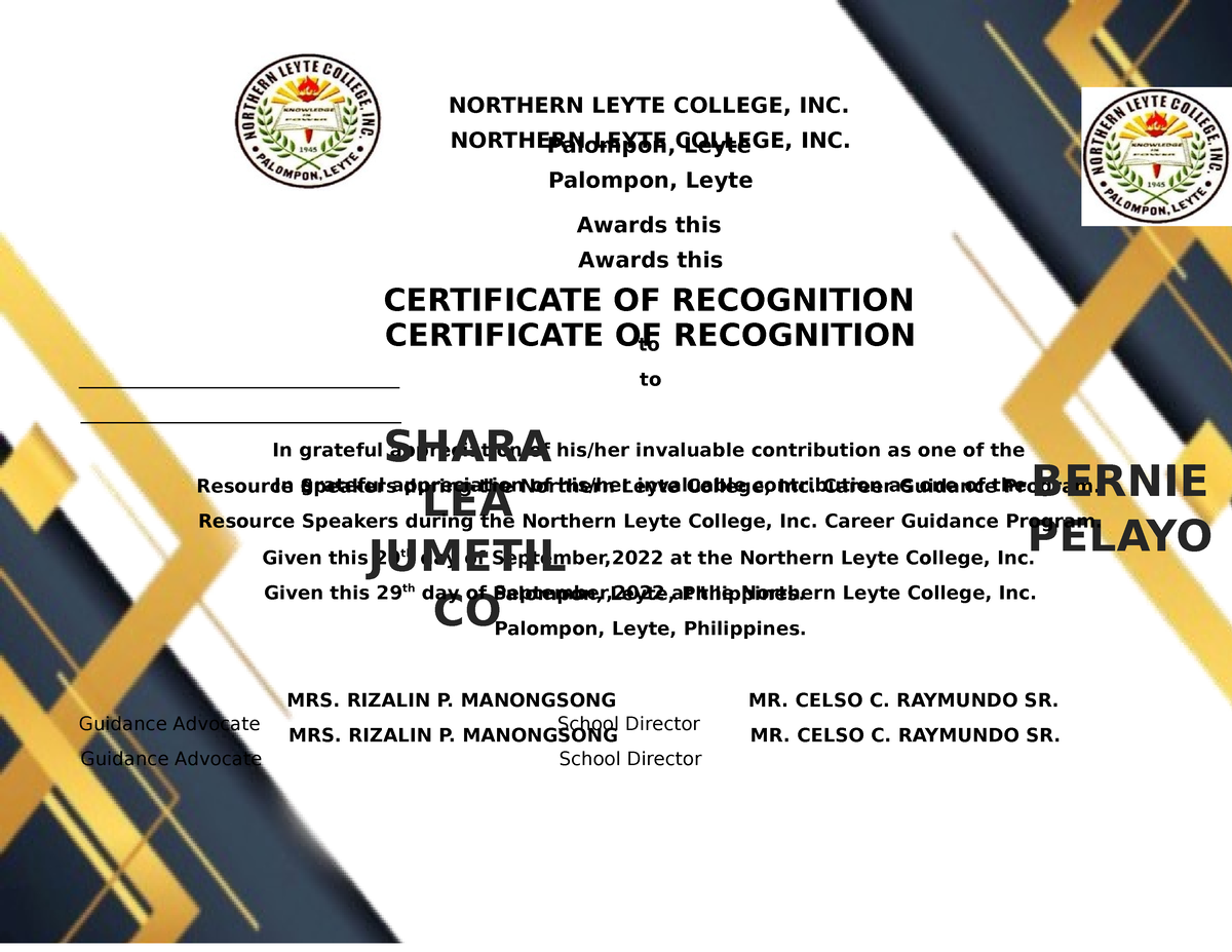 Career cert - NORTHERN LEYTE COLLEGE, INC. Palompon, Leyte Awards this ...