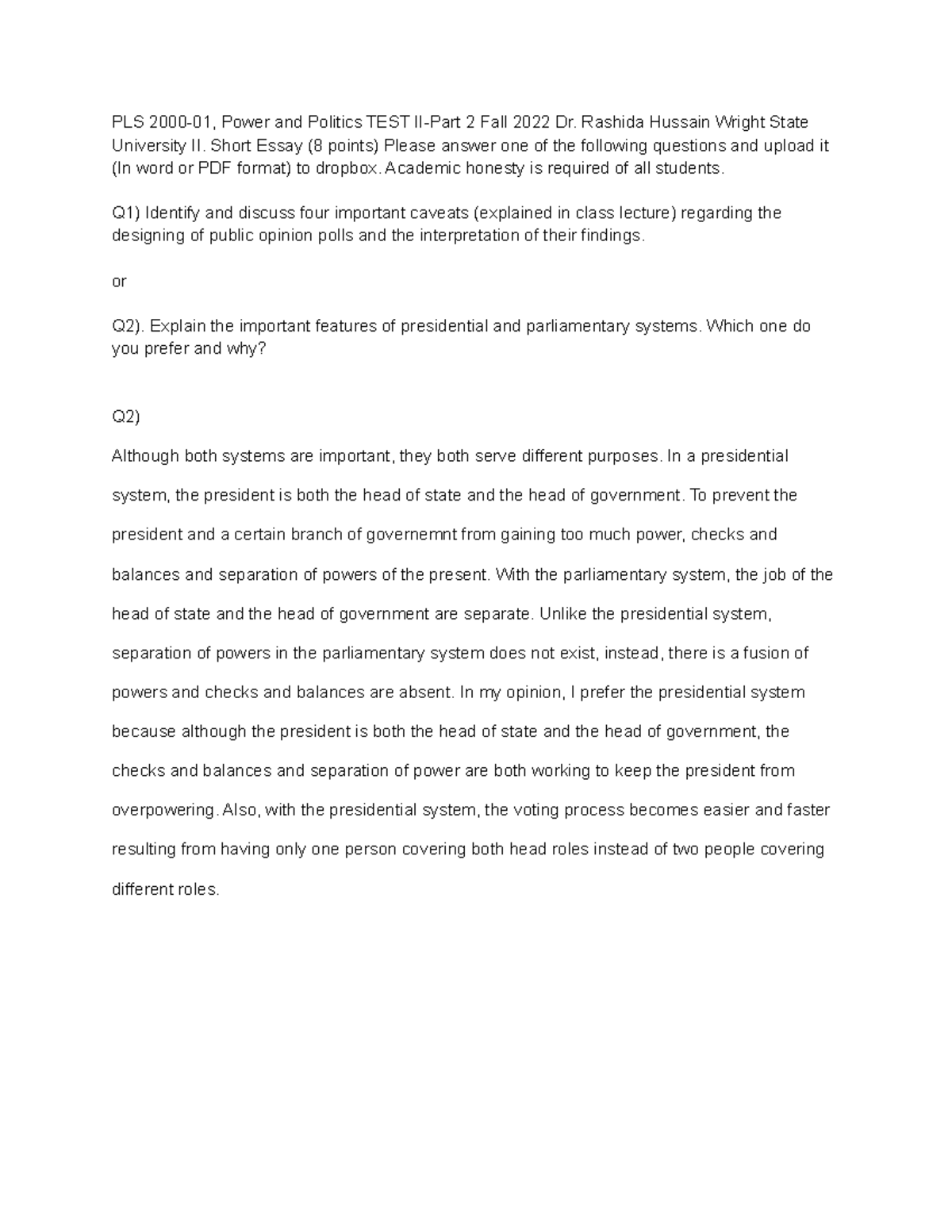 PLS test 2 part 2 - A response for the second test in Dr. Hussain's ...