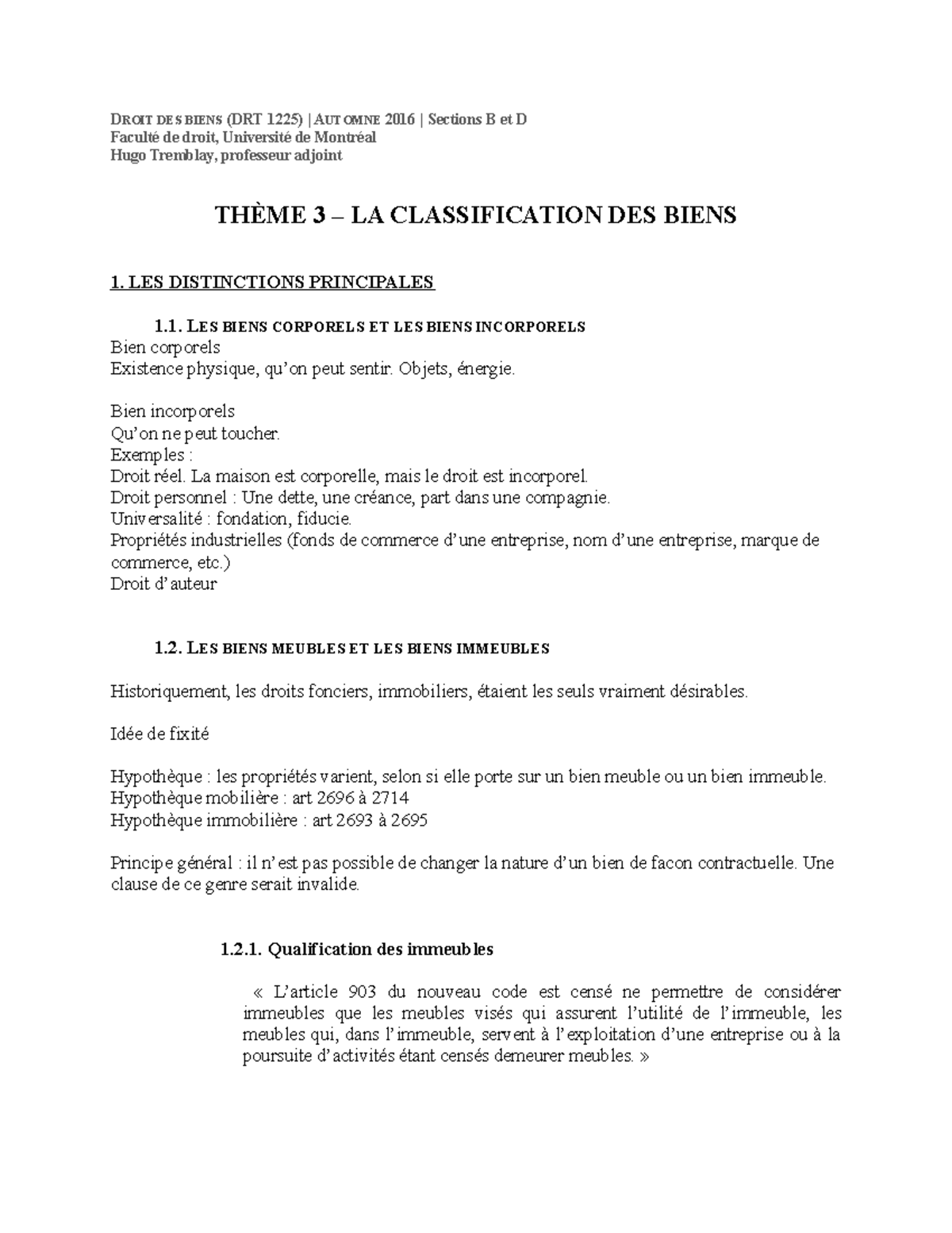 Thème 3 - Classification Des Biens - DROIT DES BIENS (DRT 1225 ...