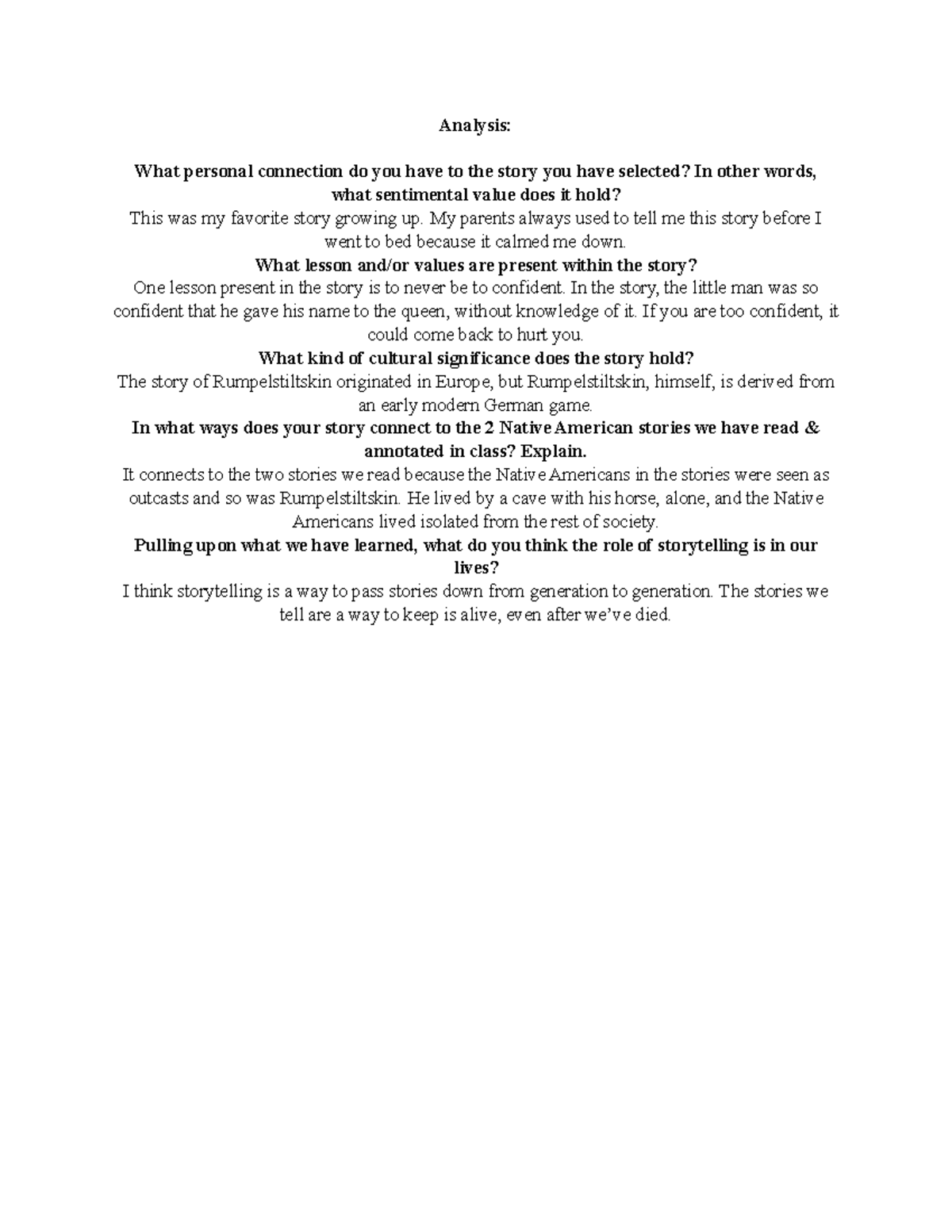 Rumpelstiltskin Analysis Analysis What personal connection do you