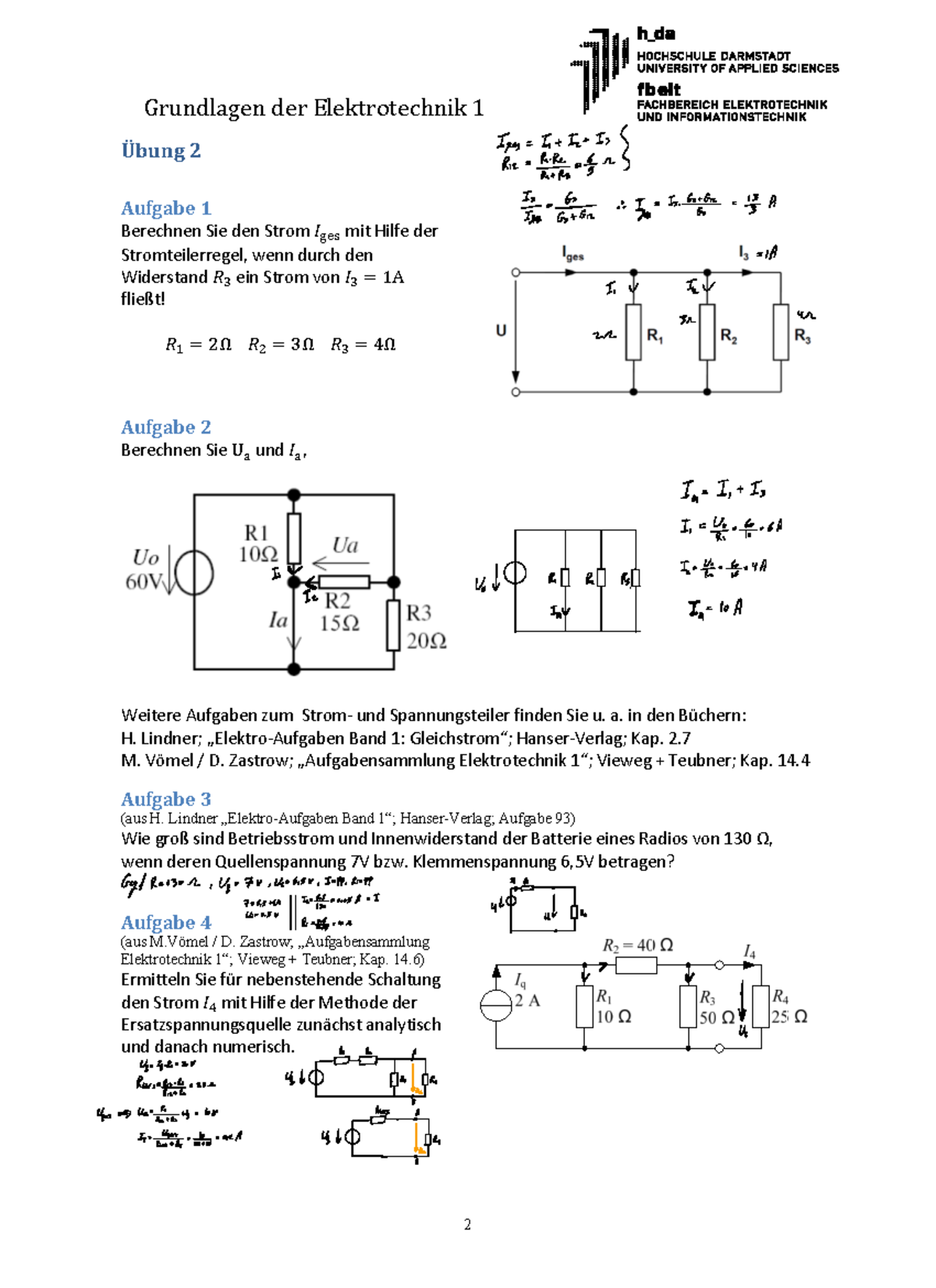 Übung 2 Elektrotechnik 1 - 2 ͳ Übung 2 ####### Aufgabe 1 - Studocu